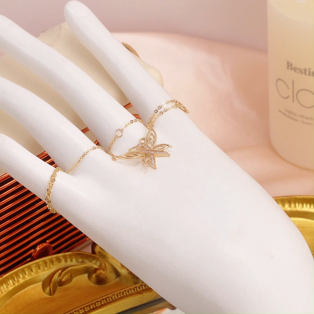 14K Two-tone Circular Cubic Zirconia Butterfly & Breast Cancer Pendant Necklace