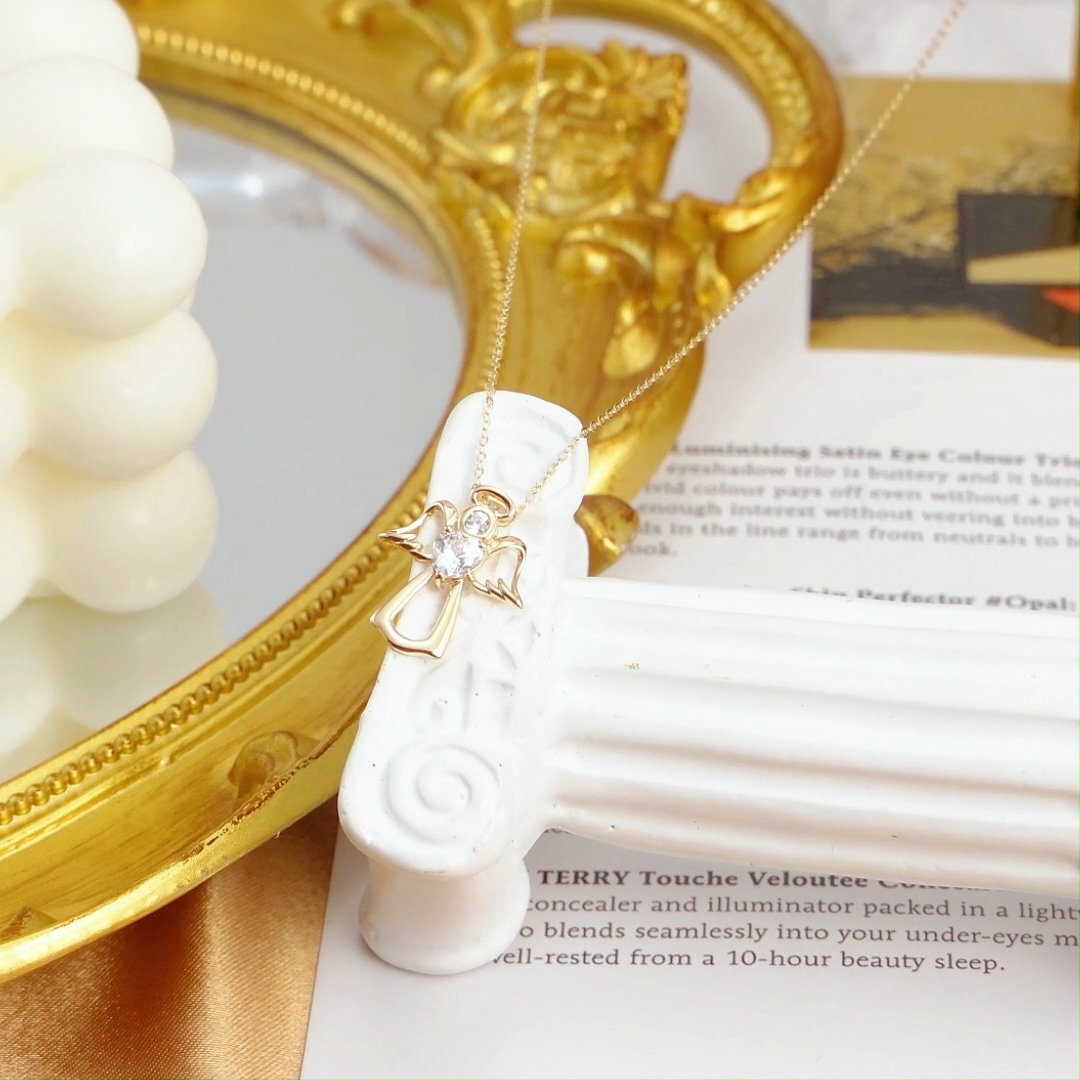 14K Gold Heart Cubic Zirconia Birthstone Angel Wing Pendant Necklace For Women