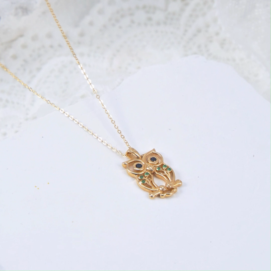 14K Gold Green Cubic Zirconia Owl & Tree Of Life Pendant Necklace