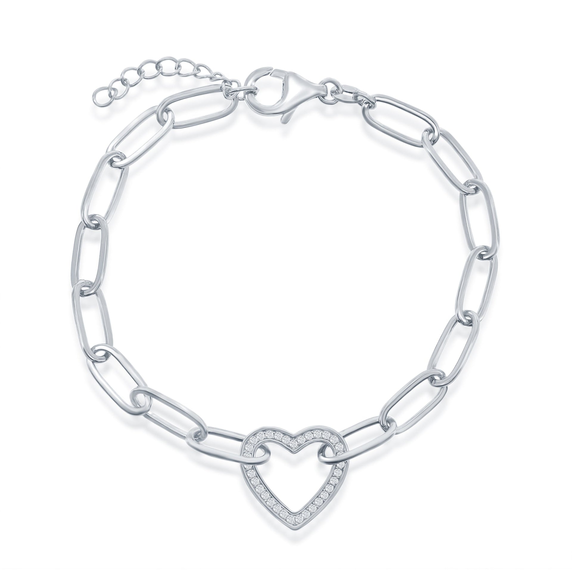 Sterling Silver or Gold Plated Over Sterling Silver CZ Heart Paperclip Bracelet