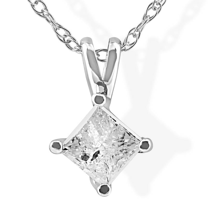 1/3Ct Princess Cut Solitaire Diamond 14K White Gold Pendant & Chain