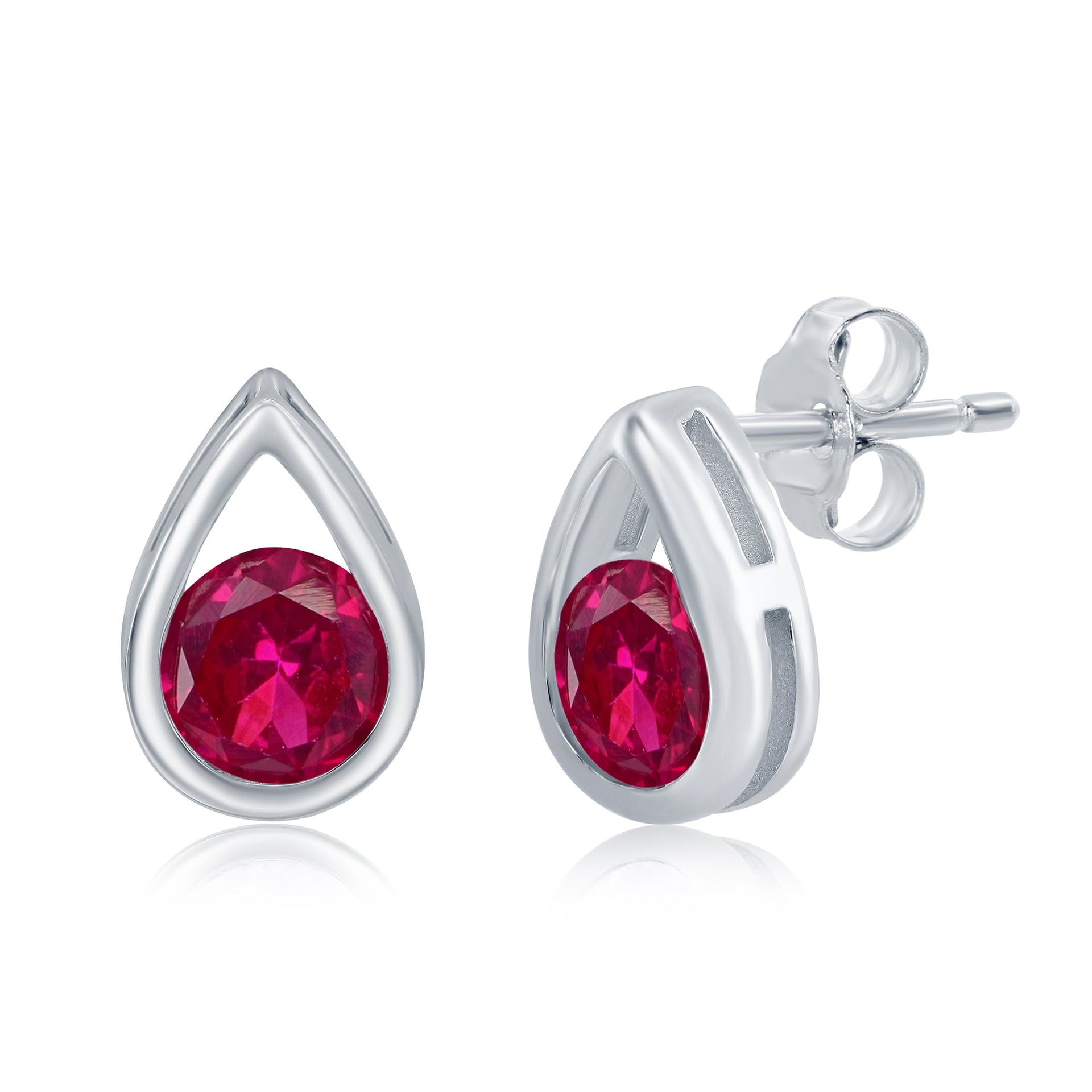Sterling Silver Pearshaped Earrings W/Round 'July Birthstone' Studs - Ruby