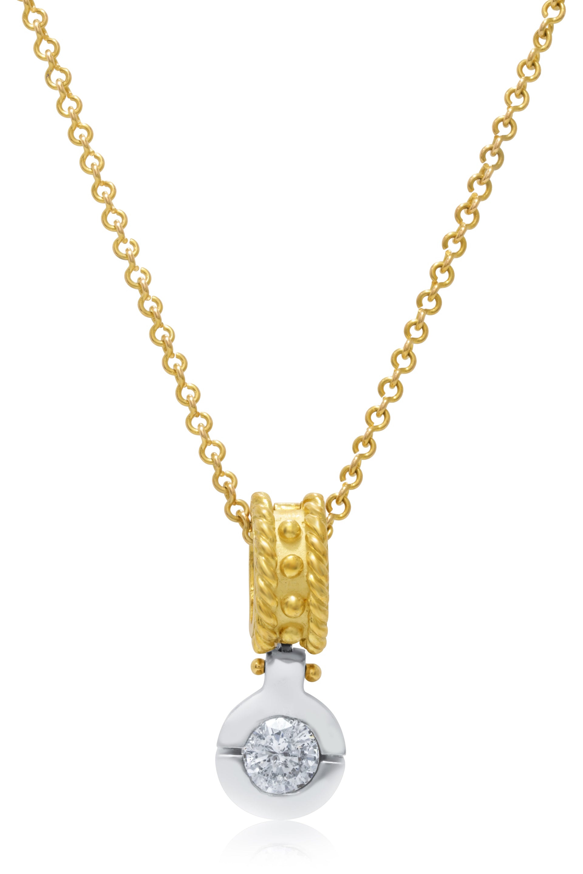 18kt two tone byzantine diamond pendant featuring 1.02 cts of round diamonds