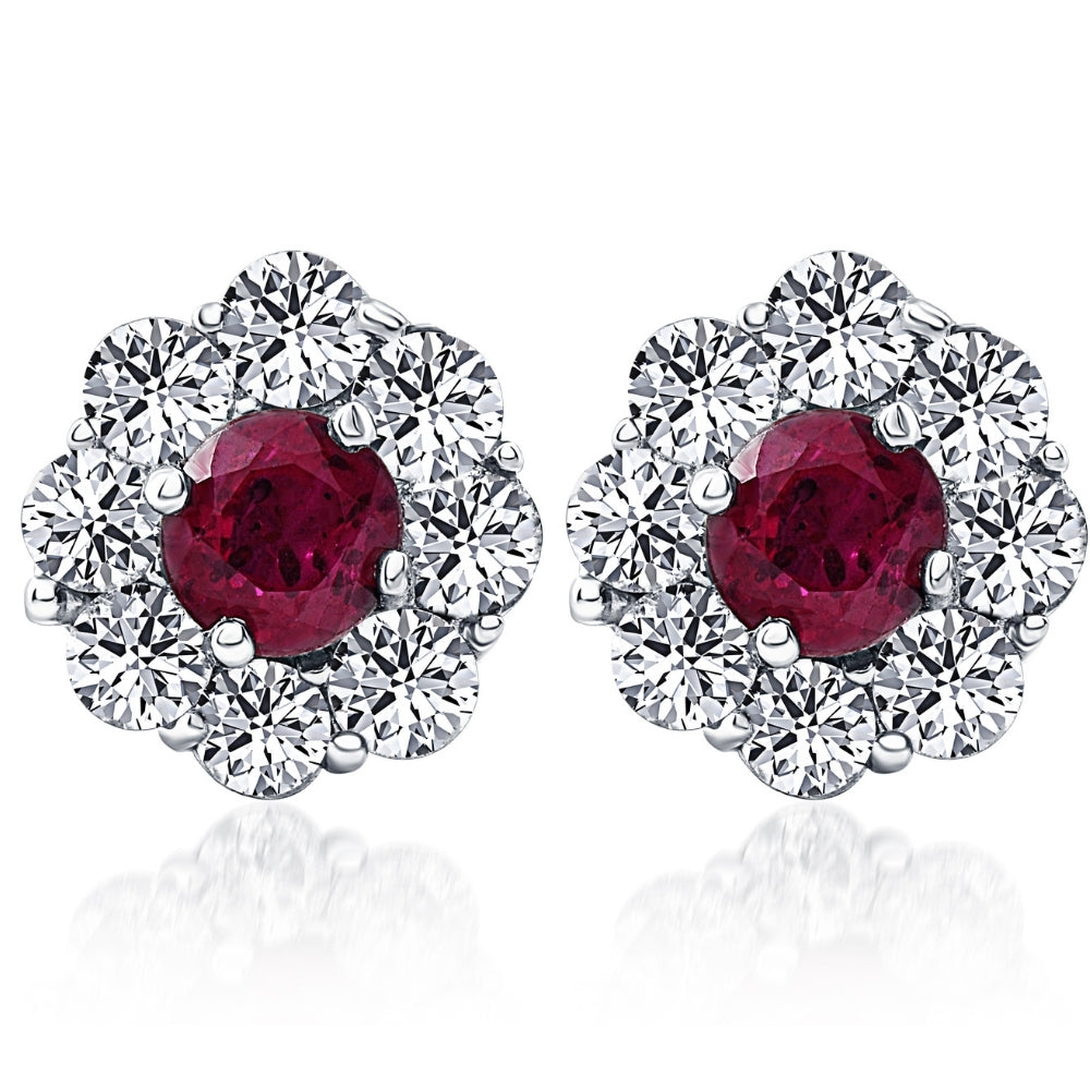 2 1/2 CT Genuine Ruby & Diamond Halo Studs Earrings 14K White Gold