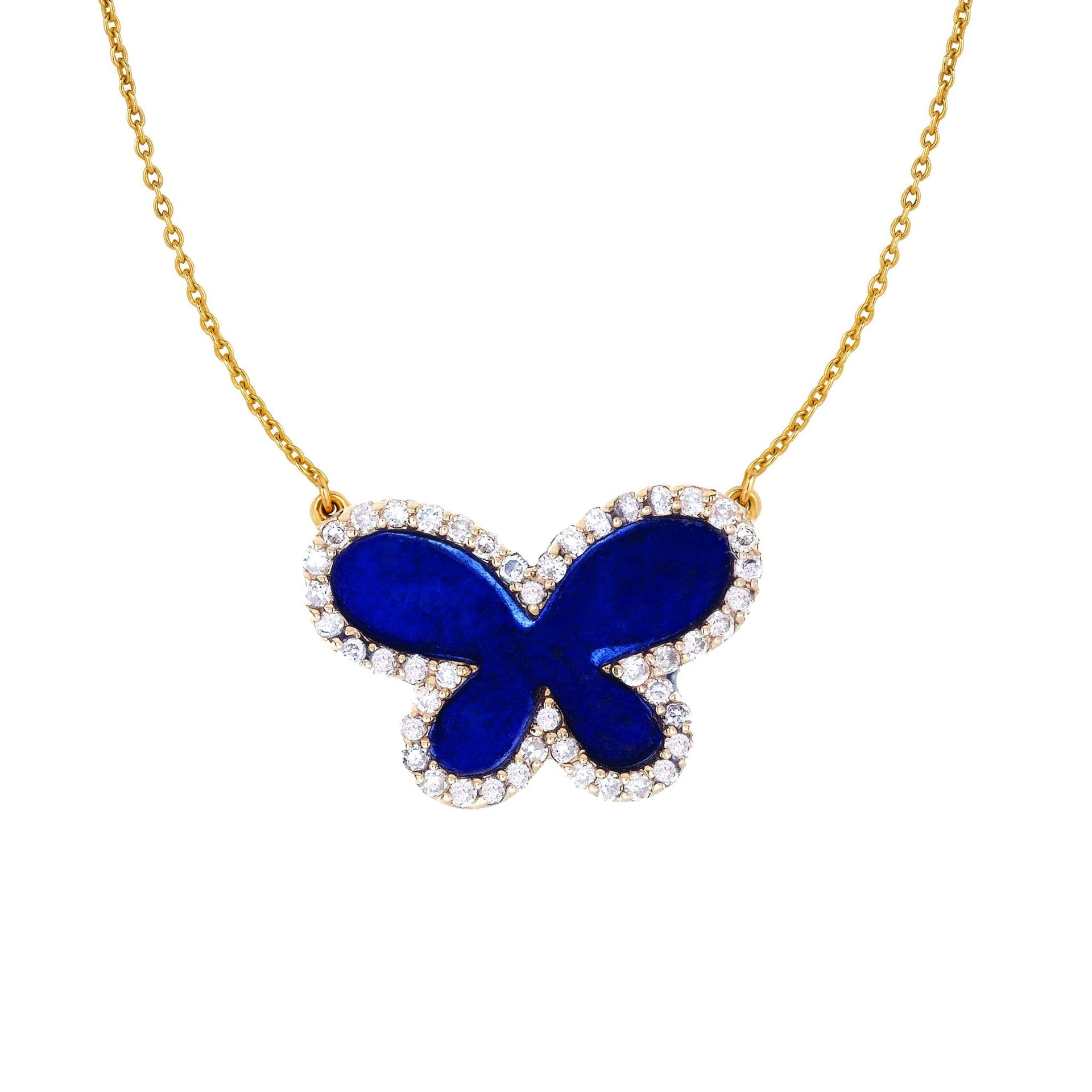 Diamond Lapis Butterfly Necklace (Medium) Yellow Gold
