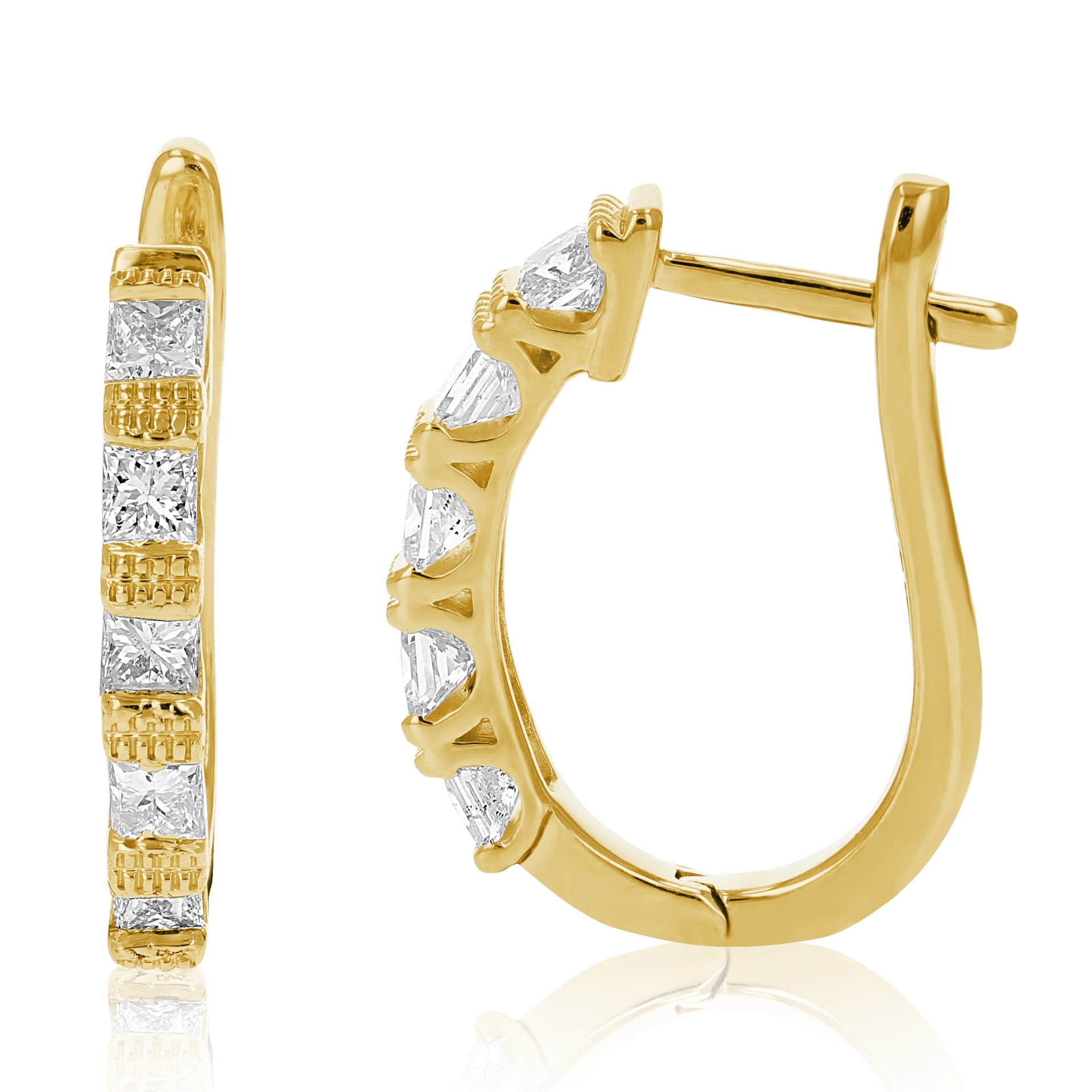 1 cttw Princess Diamond Hoop Earrings 14K Yellow Gold Milgrain Prong Set 3/4 Inch