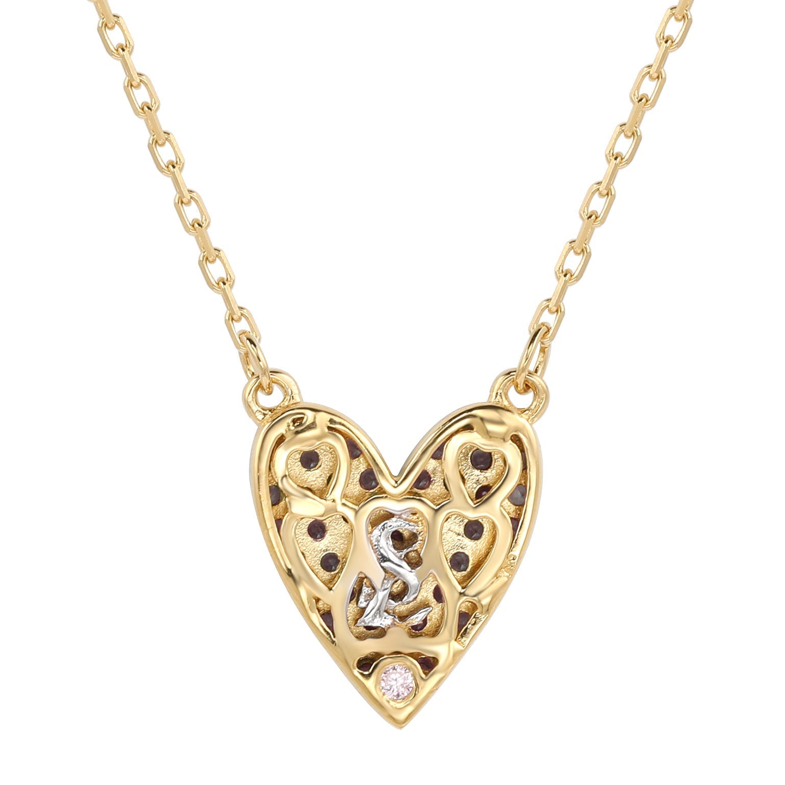Suzy Levian Purple Cubic Zirconia Golden Sterling Silver Heart Necklace
