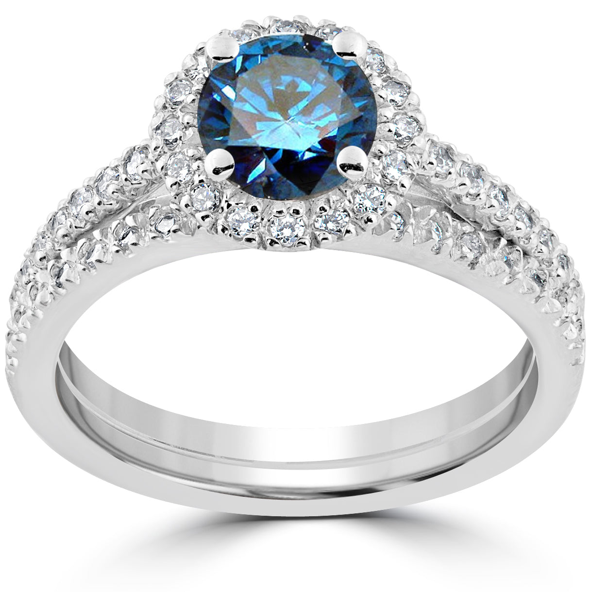 1 1/2 ct Blue Diamond Halo Engagement Wedding Ring Set 14k White Gold