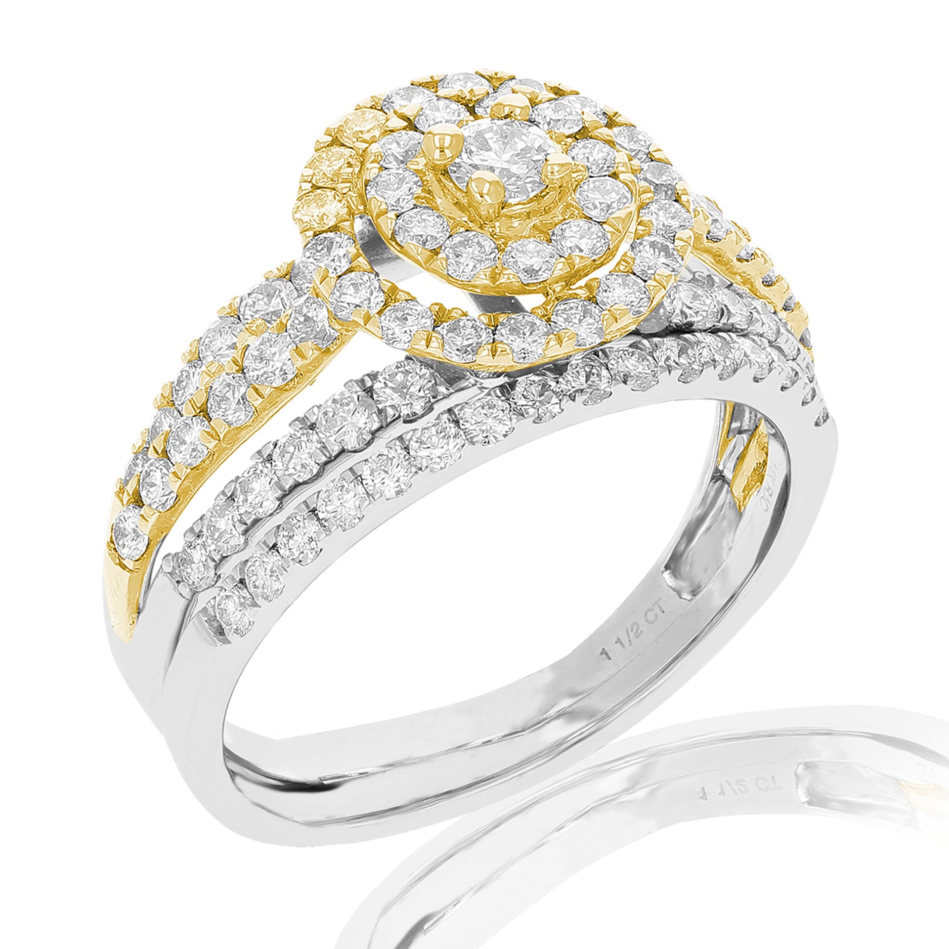 1.50 Cttw Diamond Wedding Engagement Ring Set 14K White Yellow Gold Halo