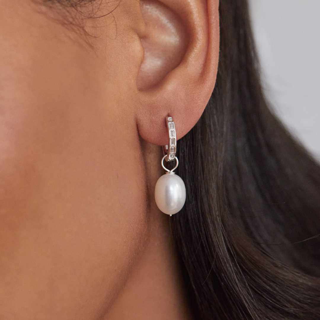 Silver Diamond Style Baguette Pearl Drop Hoop Earrings