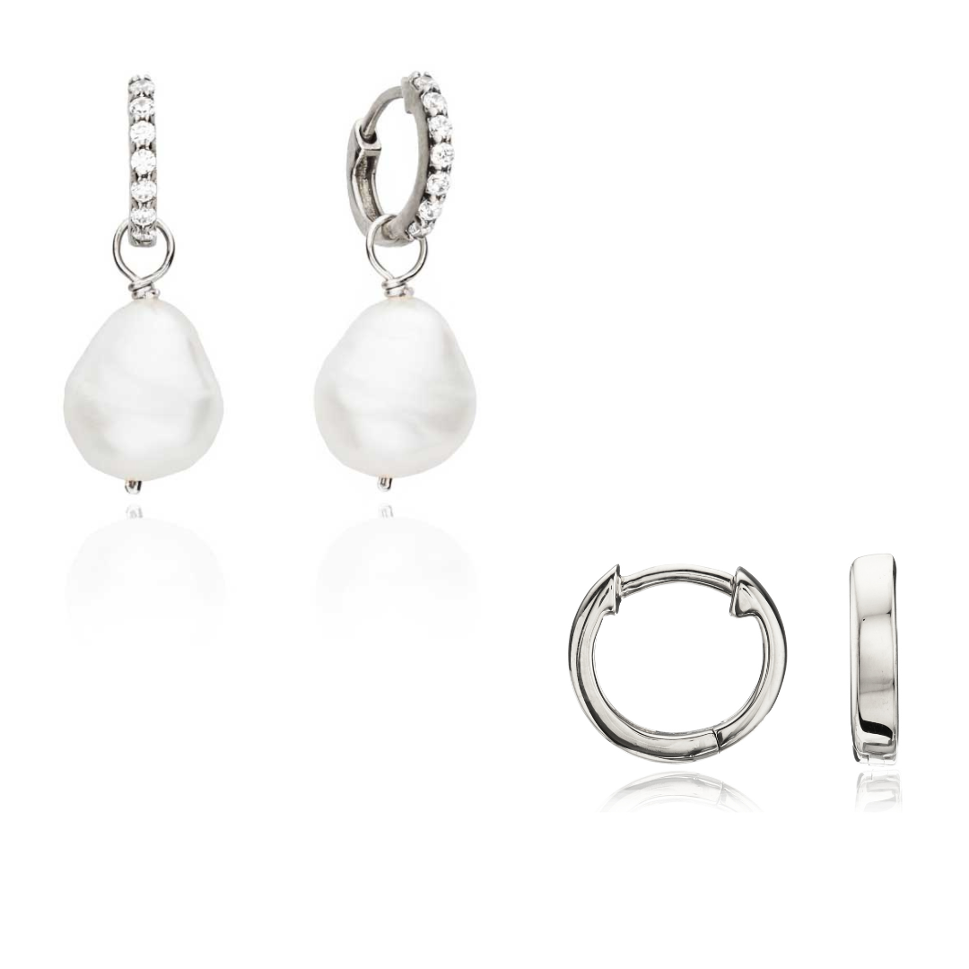 Silver Pearl Drop Huggies and Plain Huggies Earrings Gift Set