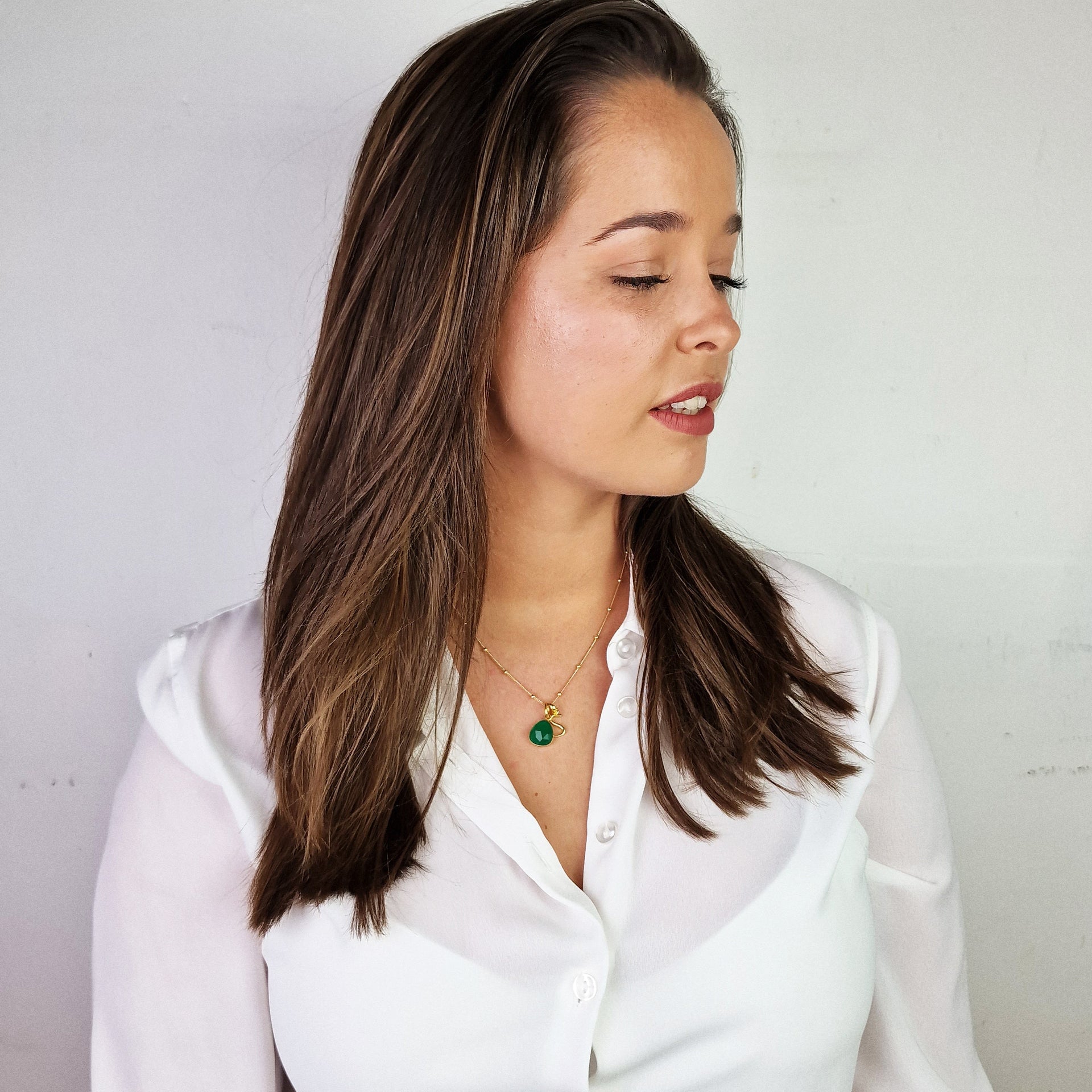 Gold Plated Green Onyx May Birthstone Initial Charm Necklace