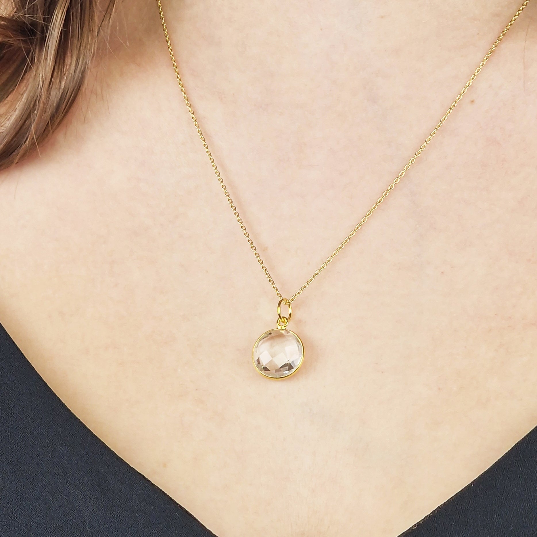 Gold Plated White Topaz April Birthstone Crystal Round Charm Necklace