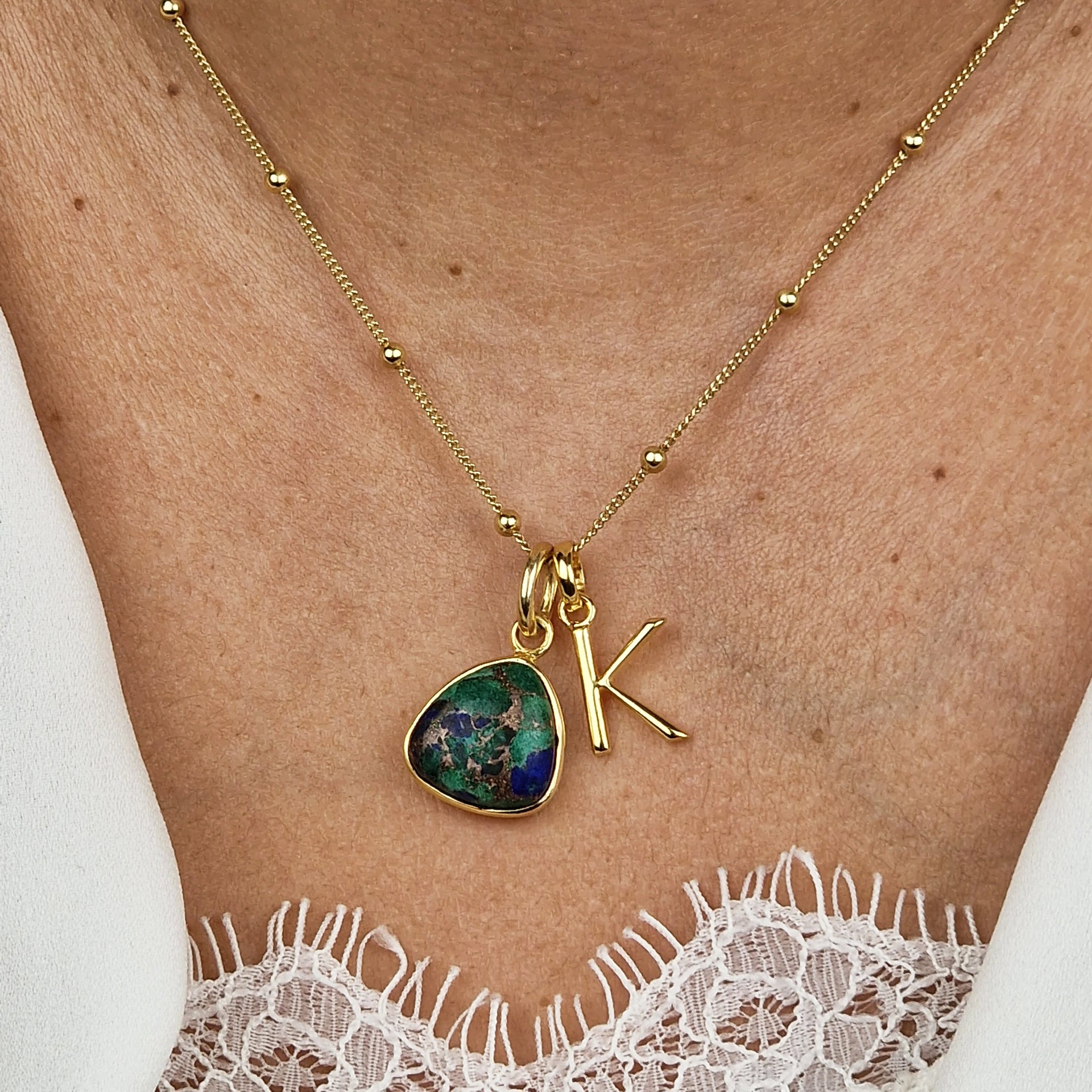 Gold Vermeil Azurite & Malachite Initial Pendant Charm Necklace