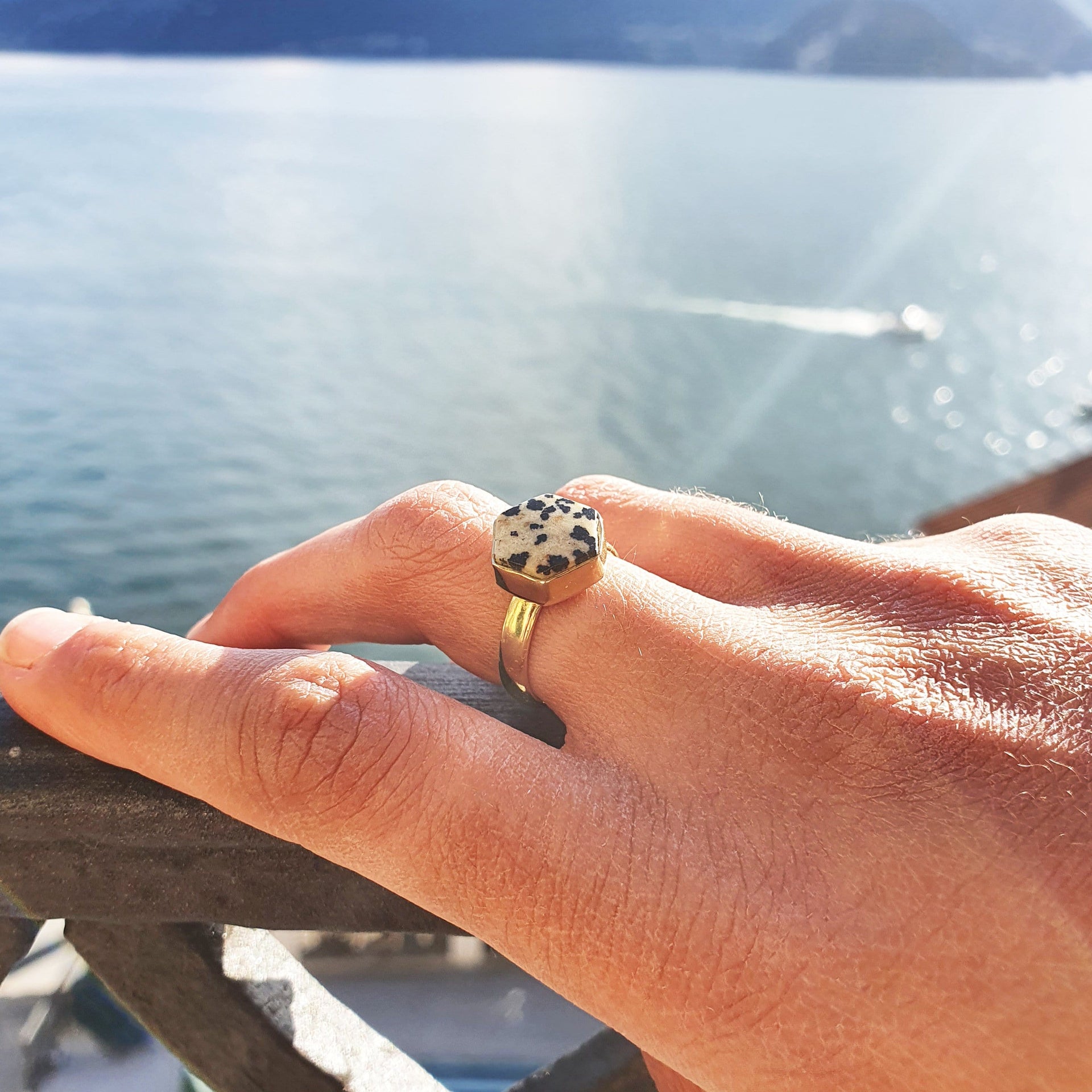 Gold Vermeil Dalmatian Jasper Gemstone Ring