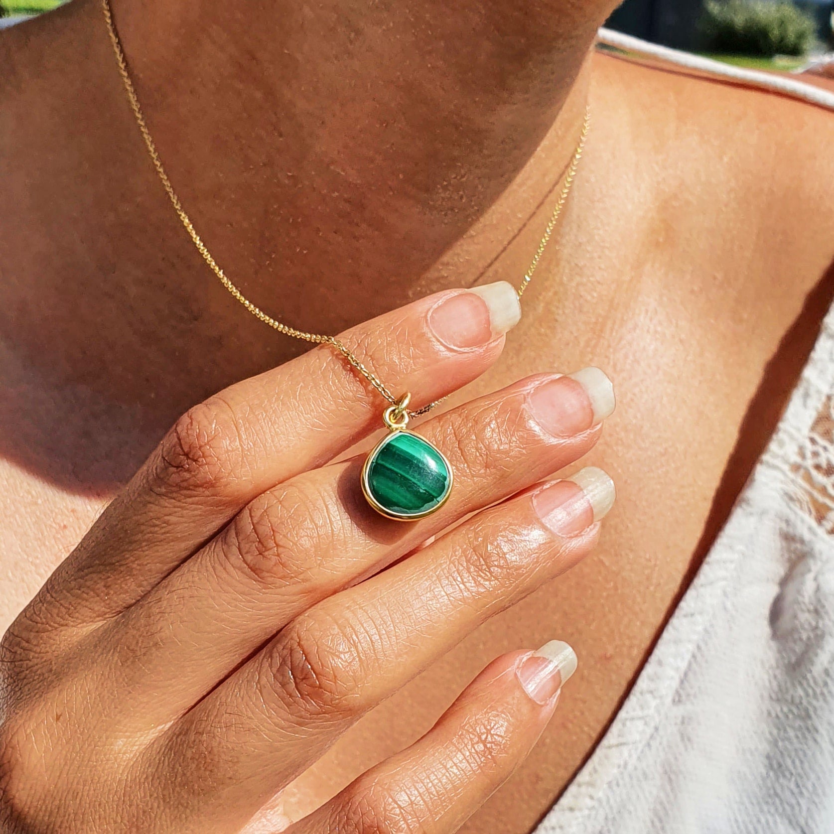 Gold Vermeil Women's Malachite Green Heart Gemstone Necklace