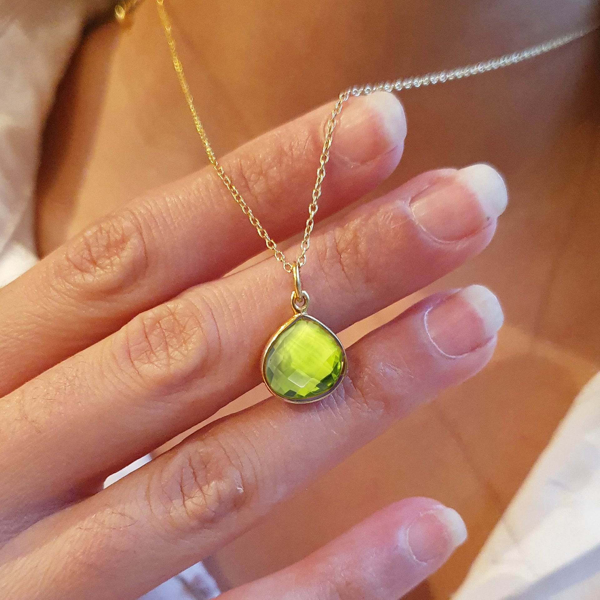 Gold Vermeil Green Peridot August Birthstone Shiny Glow Necklace
