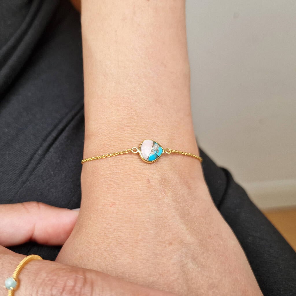 Gold Vermeil Pink Opal And Turquoise Adjustable Gemstone Crystal Bracelet