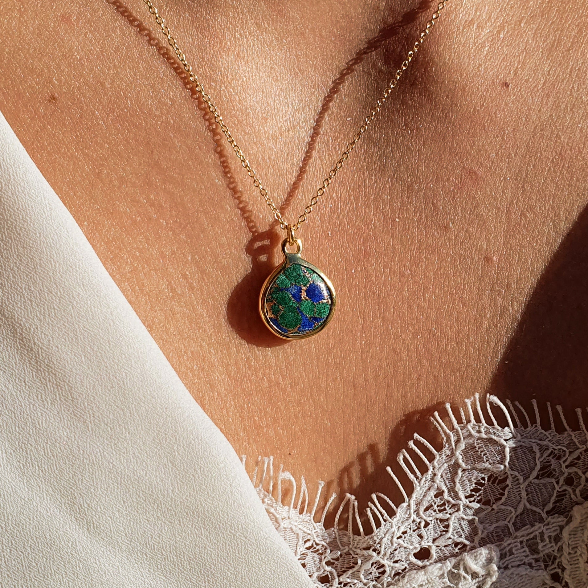 Gold Vermeil Plated Green Blue Azurite & Malachite Pendant Charm Necklace