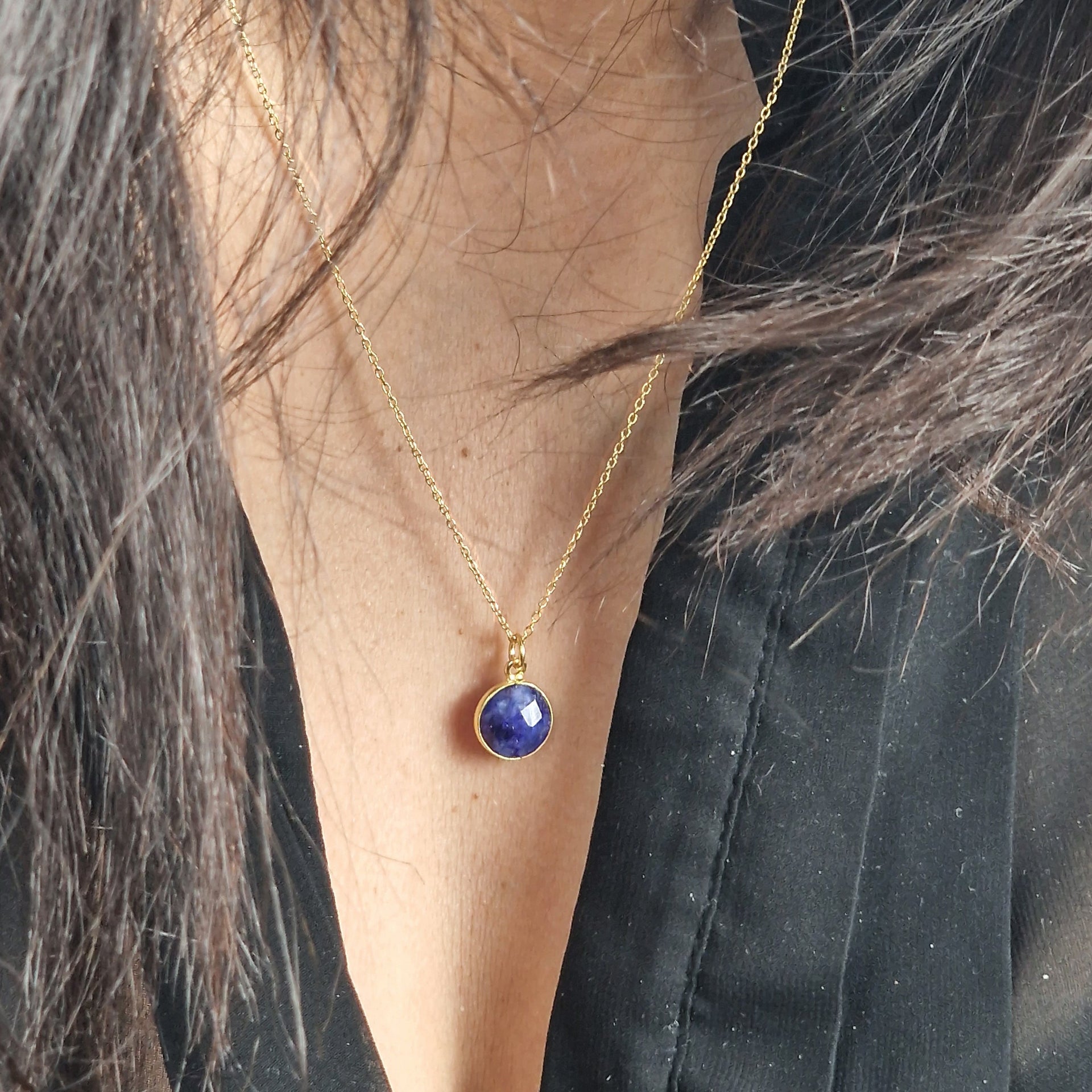 Gold Vermeil Plated Blue Sapphire Round Pendant Necklace