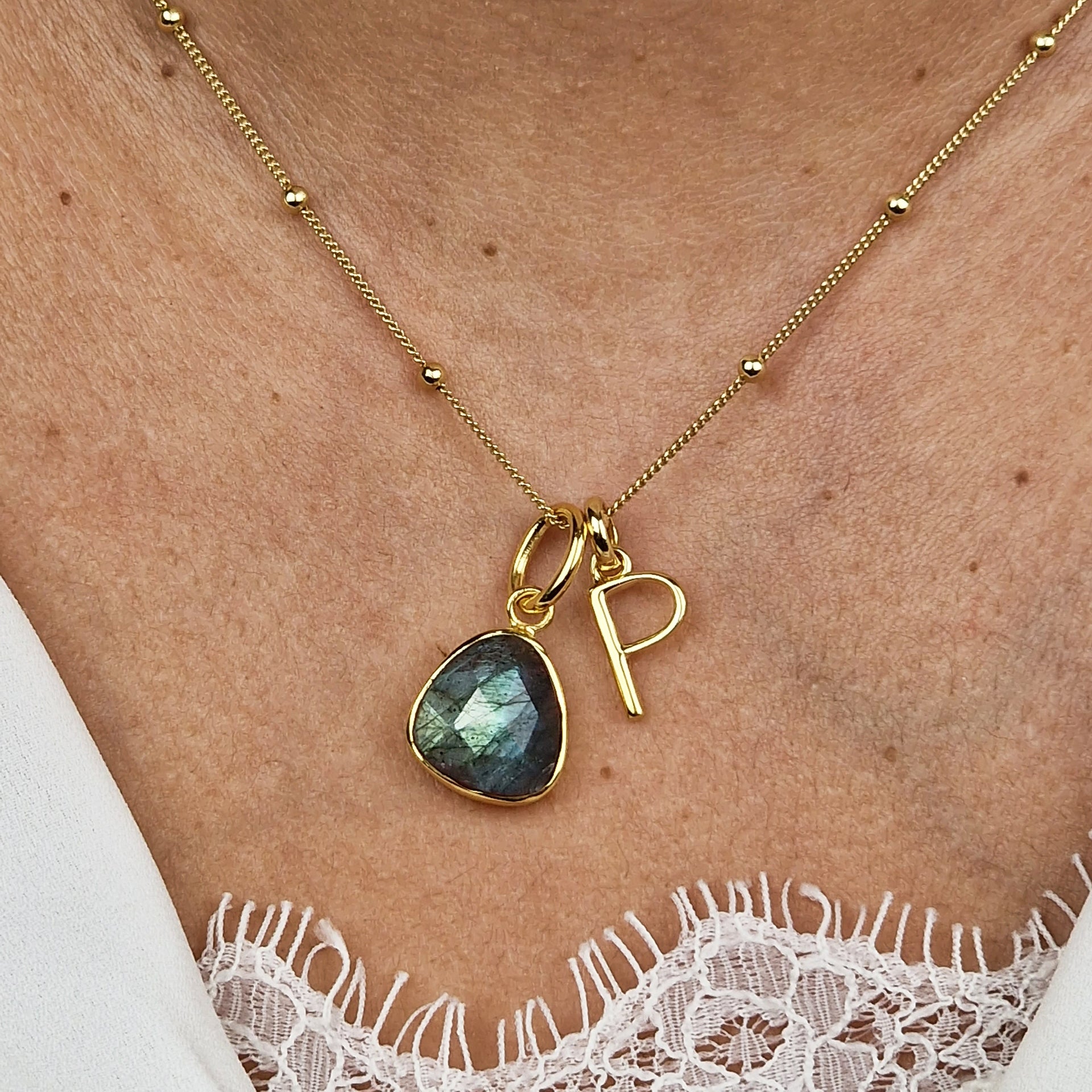 Gold Vermeil Plated Brown Grey Labradorite Gemstone Crystal Initial Charm Necklace
