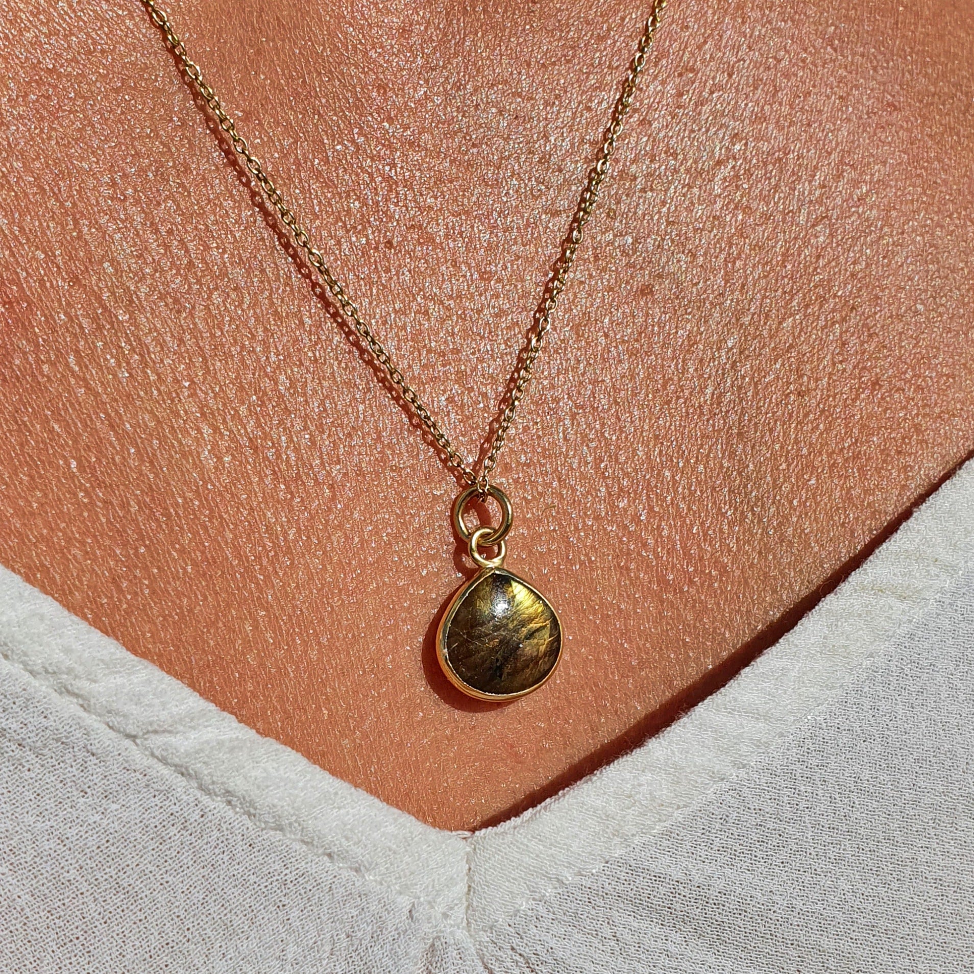 Gold Vermeil Plated Natural Labradorite Heart Charm Necklace