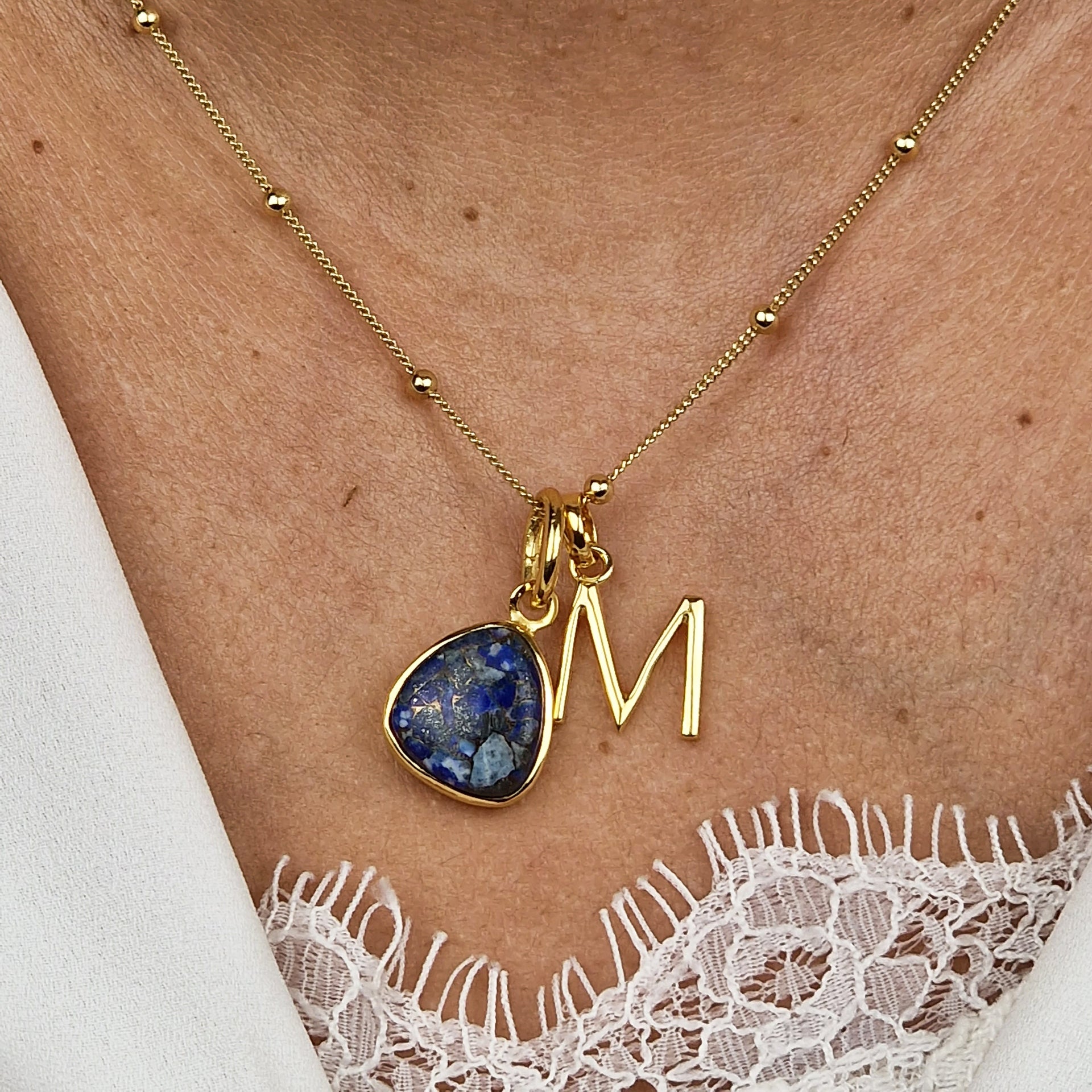 Gold Vermeil Plated Blue Lapis Lazuli September Birthstone Initial Pendant Necklace