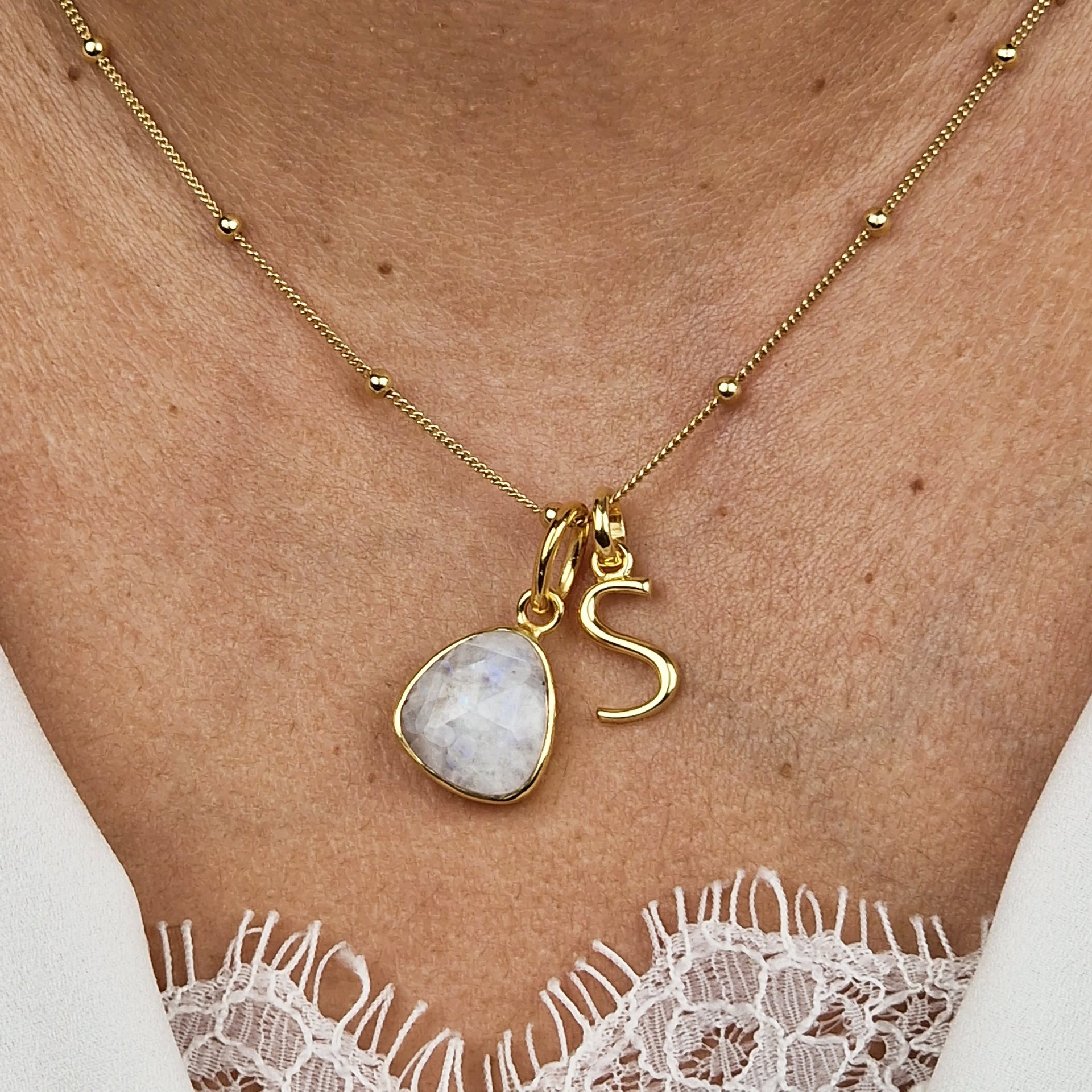 Gold Vermeil Plated Moonstone Initial Charm Necklace