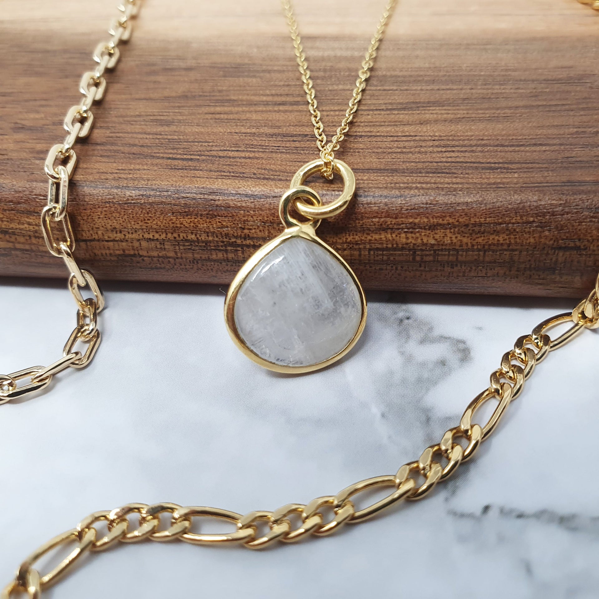 Gold Vermeil Plated Natural White Moonstone June Birthstone Pendant Necklace