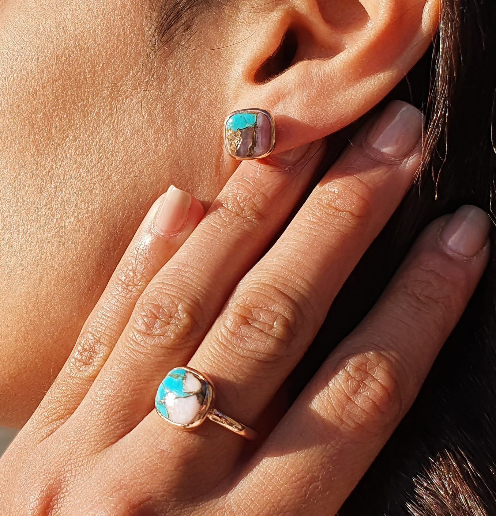 Rose Gold Vermeil Plated Opal And Turquoise Stud Gemstone Earrings