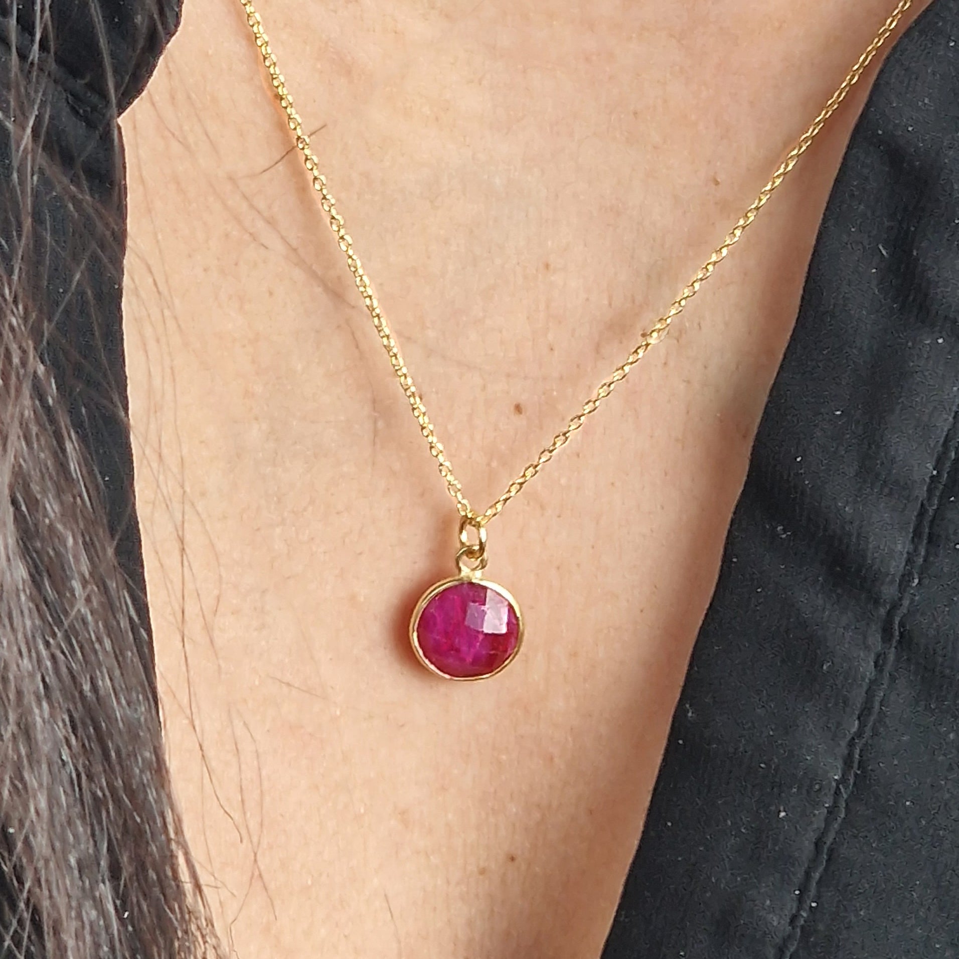 Gold Vermeil Plated Round Pink Ruby July Birthstone Crystal Necklace