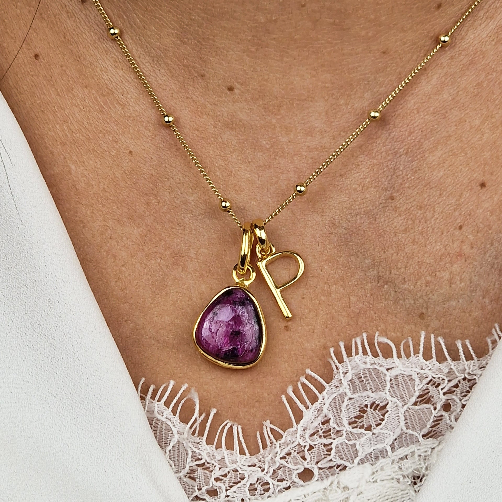 Gold Vermeil Plated Ruby July Birthday Statement Initial Necklace