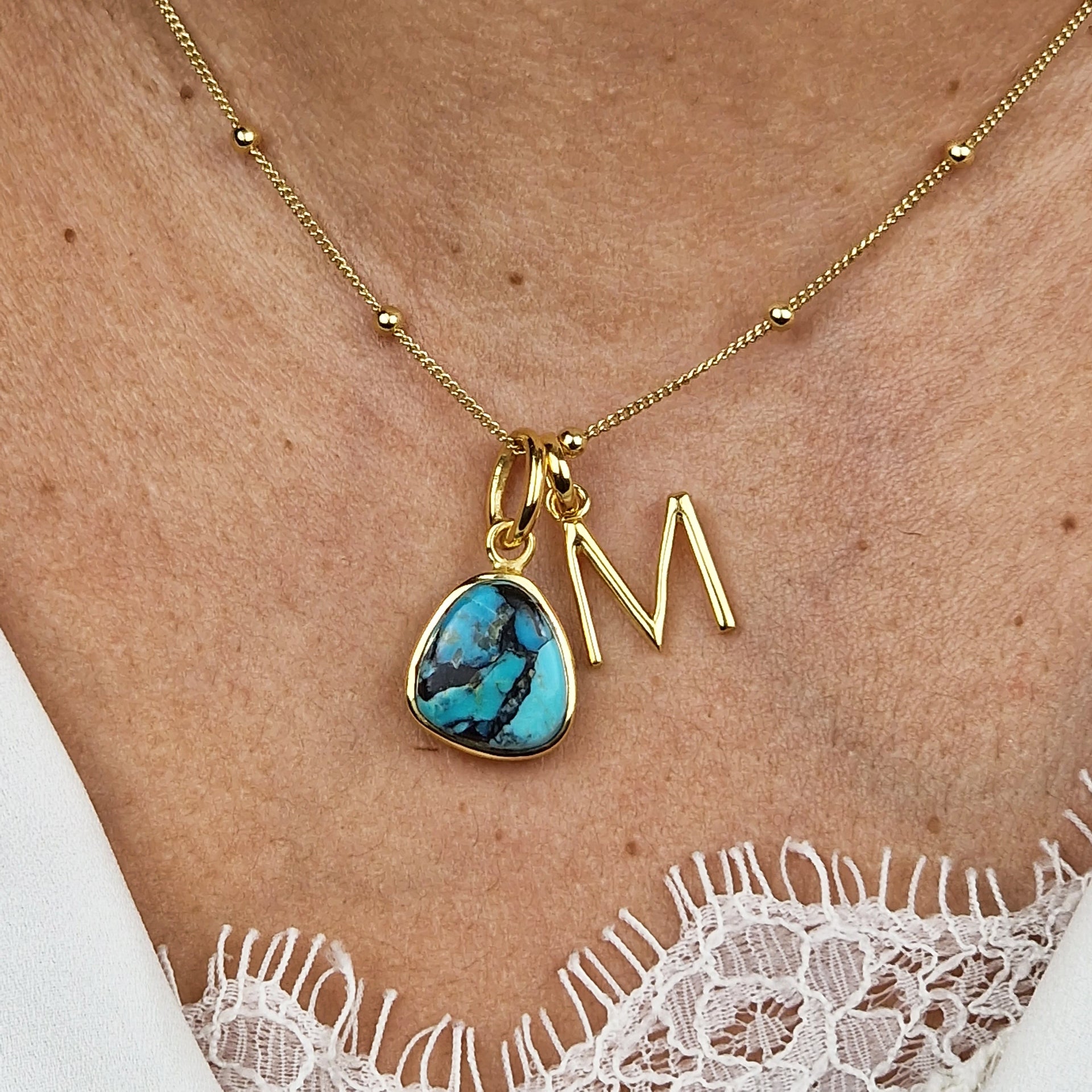 Gold Vermeil Plated Blue Turquoise December Birthstone Initial Pendant Charm Necklace