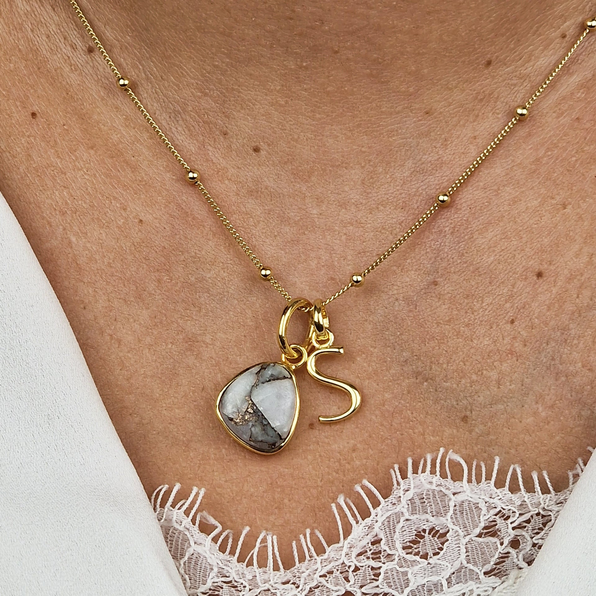 Gold Vermeil Plated Herkimer Diamond April Birthstone Statement Initial Necklace
