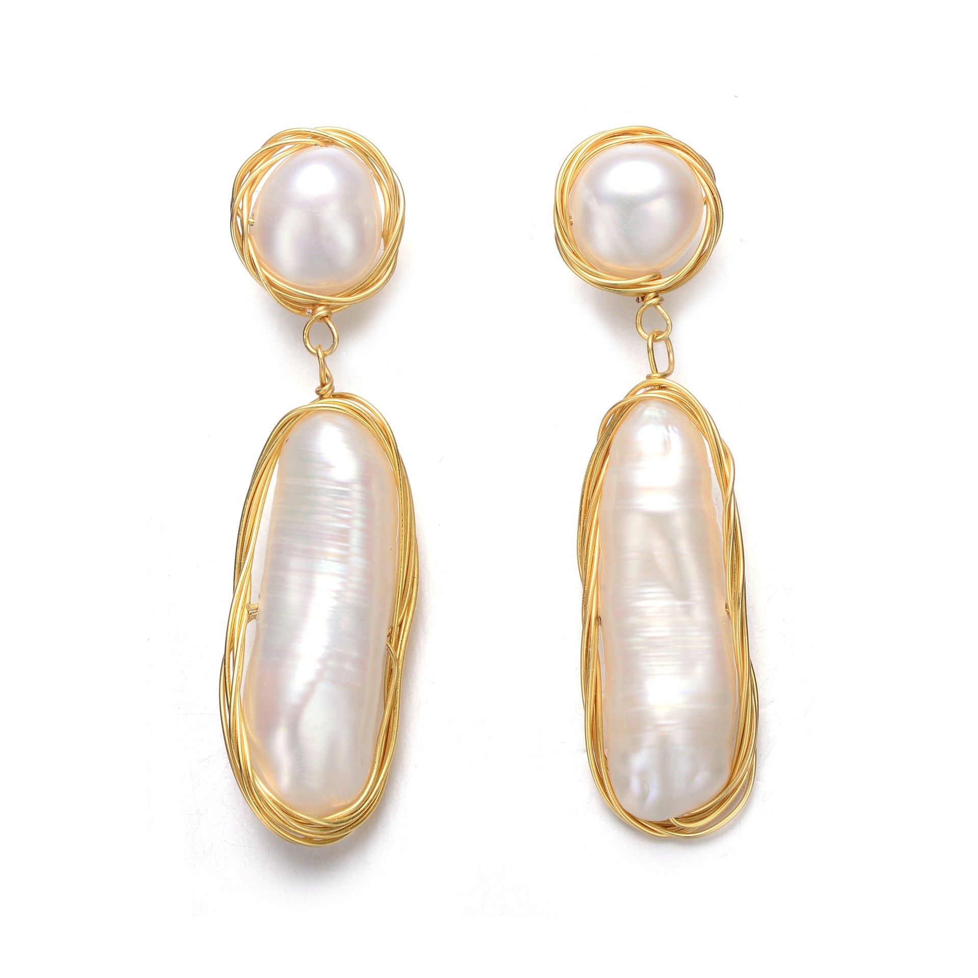 Sterling Silver with 14k Gold Plated Genuine Freshwater Pearl Dangling Earrings