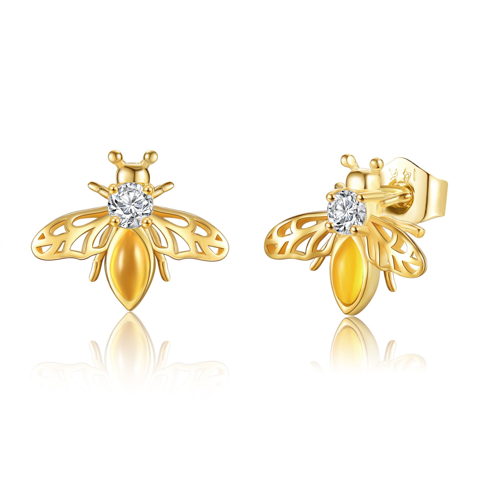 14K Gold Cubic Zirconia & Amber Bee Stud Earrings