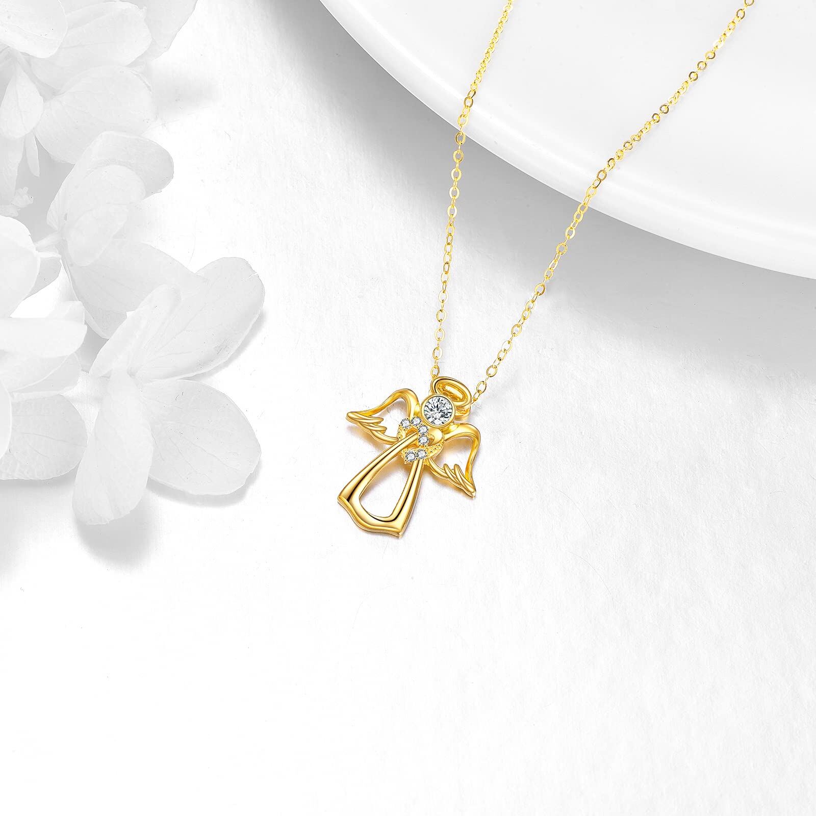 18K Gold Cubic Zirconia Angel Wings Pendant Necklace