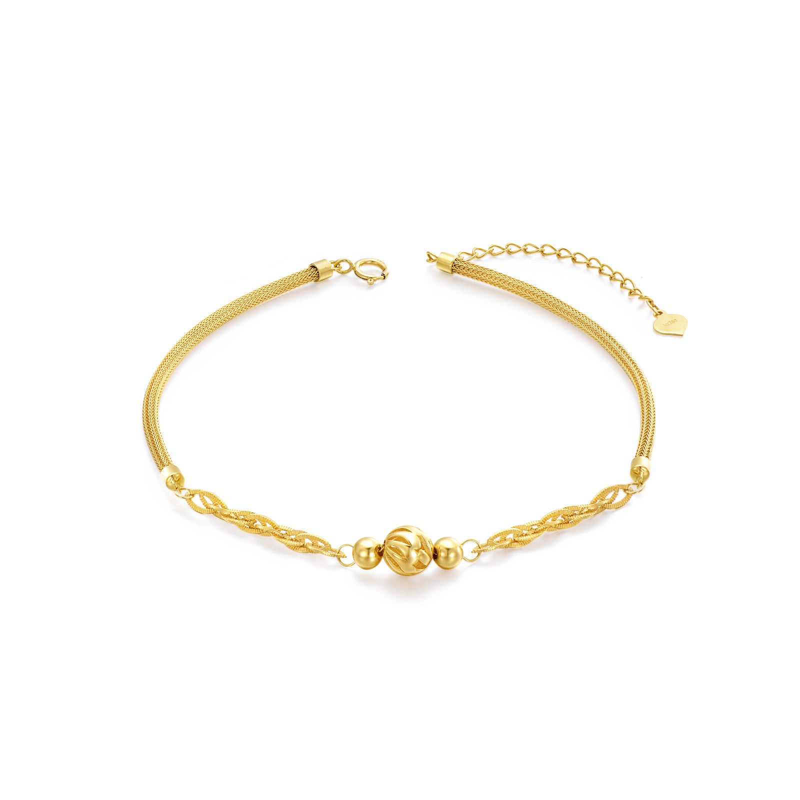 18K Gold Bead Mesh Link Chain Charm Bracelet