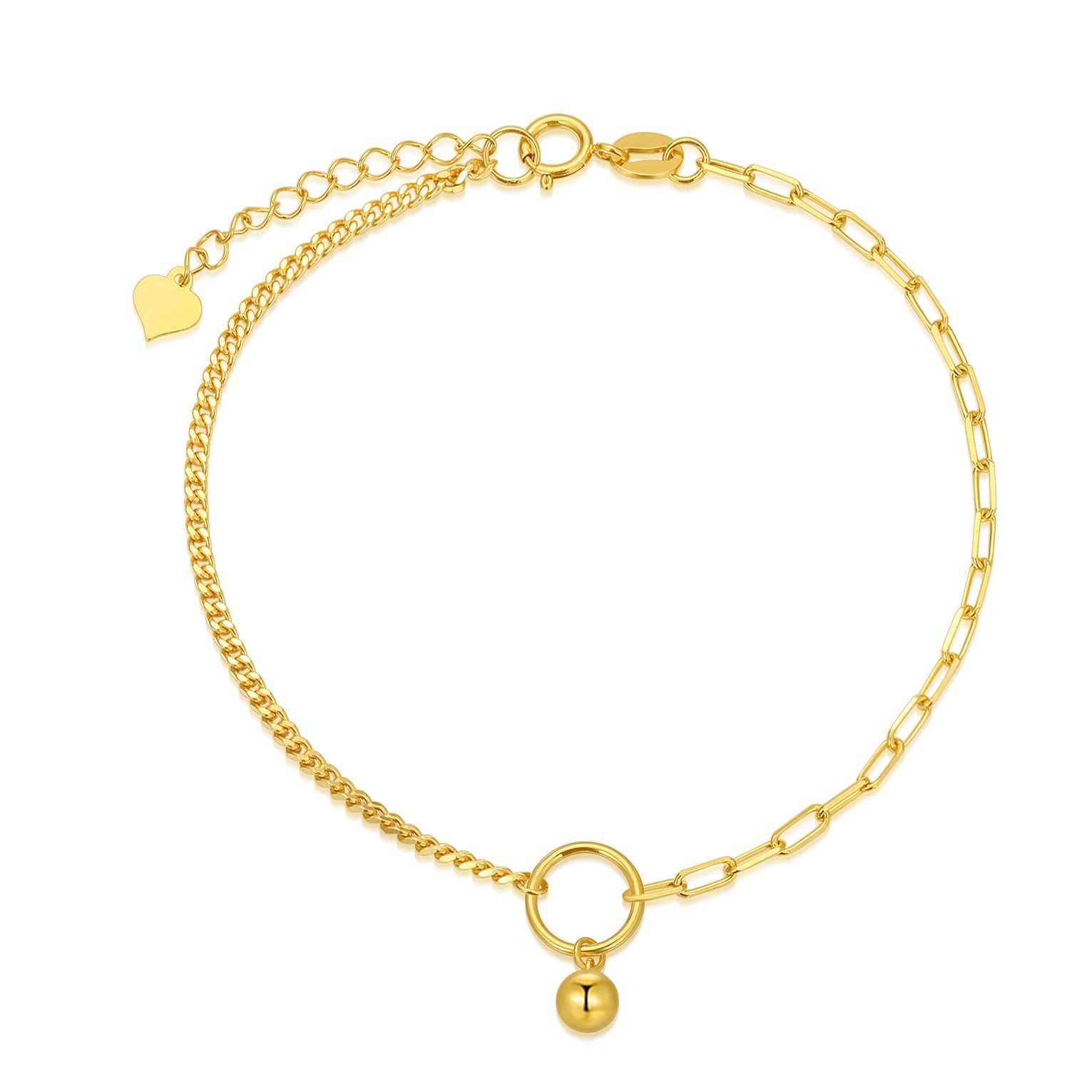 18K Gold Bead & Paper Clip Curb Link Chain Charm Bracelet