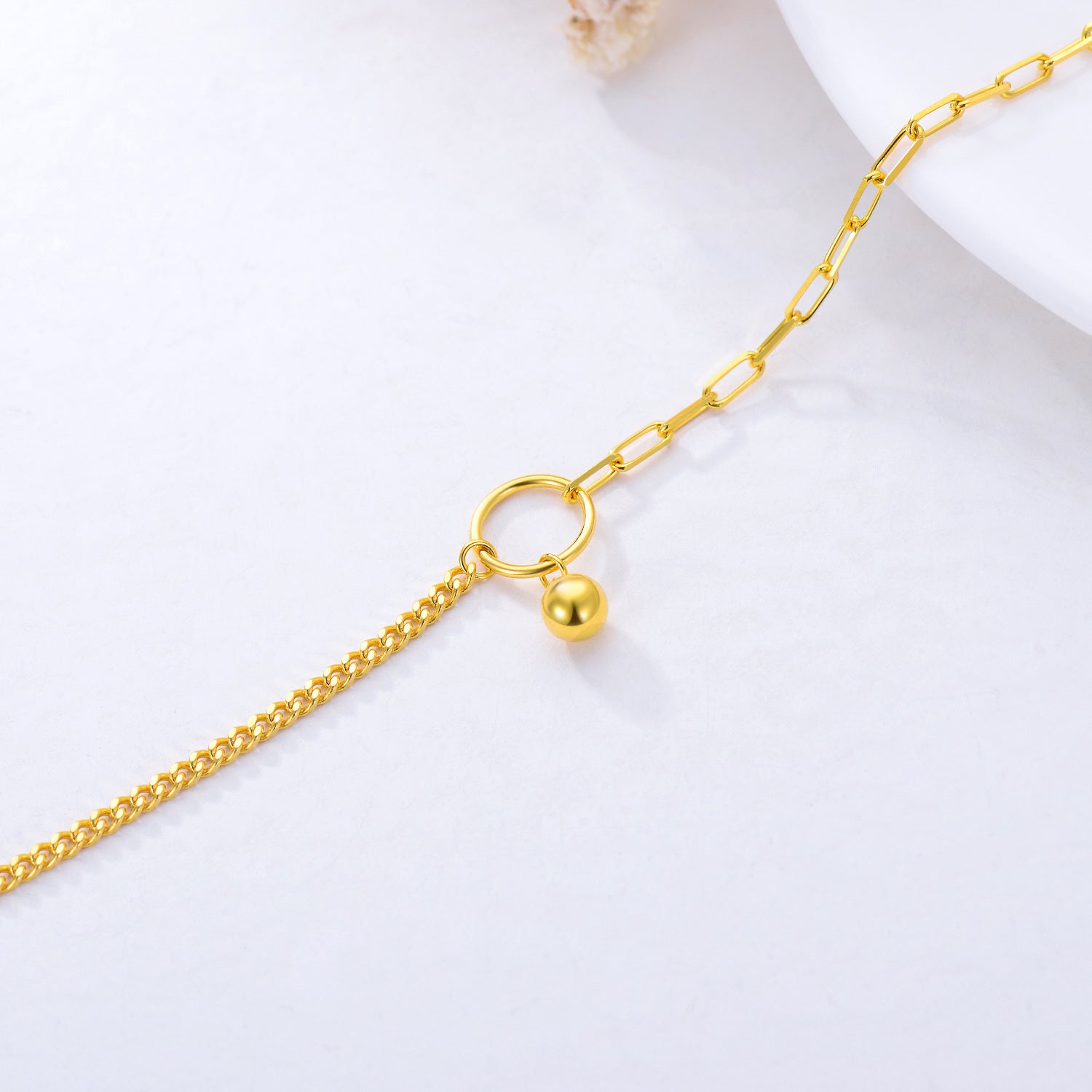 18K Gold Bead & Paper Clip Curb Link Chain Charm Bracelet