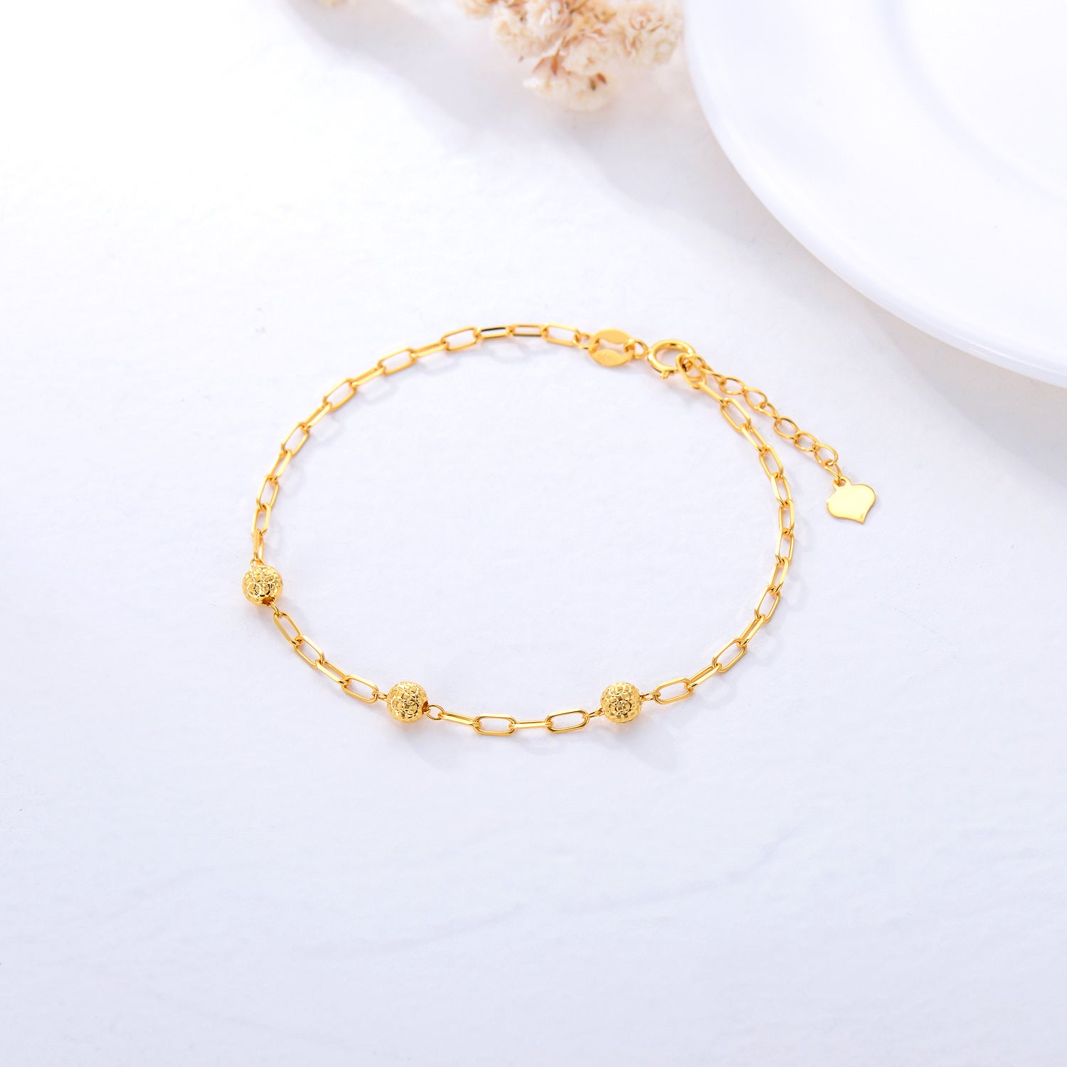18K Gold Bead & Paper Clip Metal Beads Bracelet