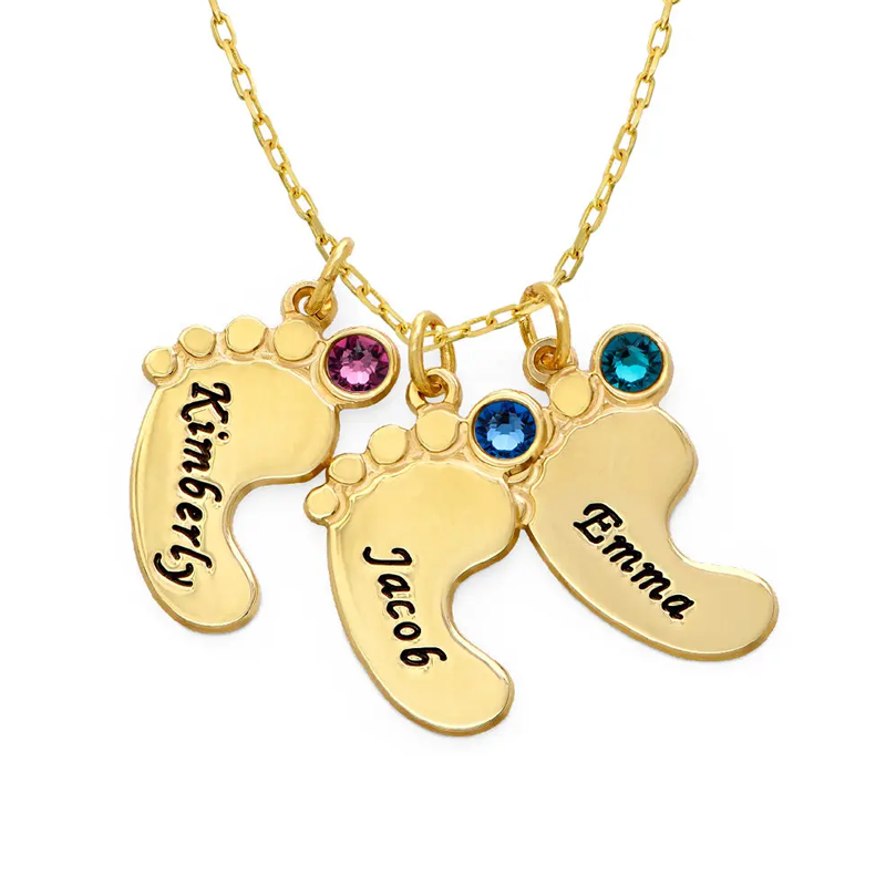 Gold Vermeil Birthstone & Personalized Name Feet Necklace for Baby