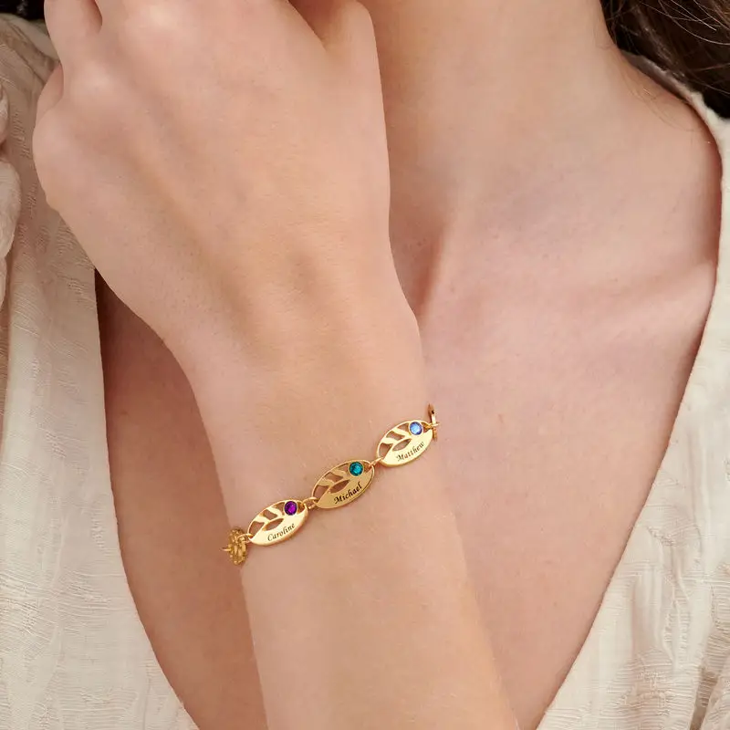 Gold Vermeil Birthstone & Personalized Name Leaves Charm Bracelet for Women