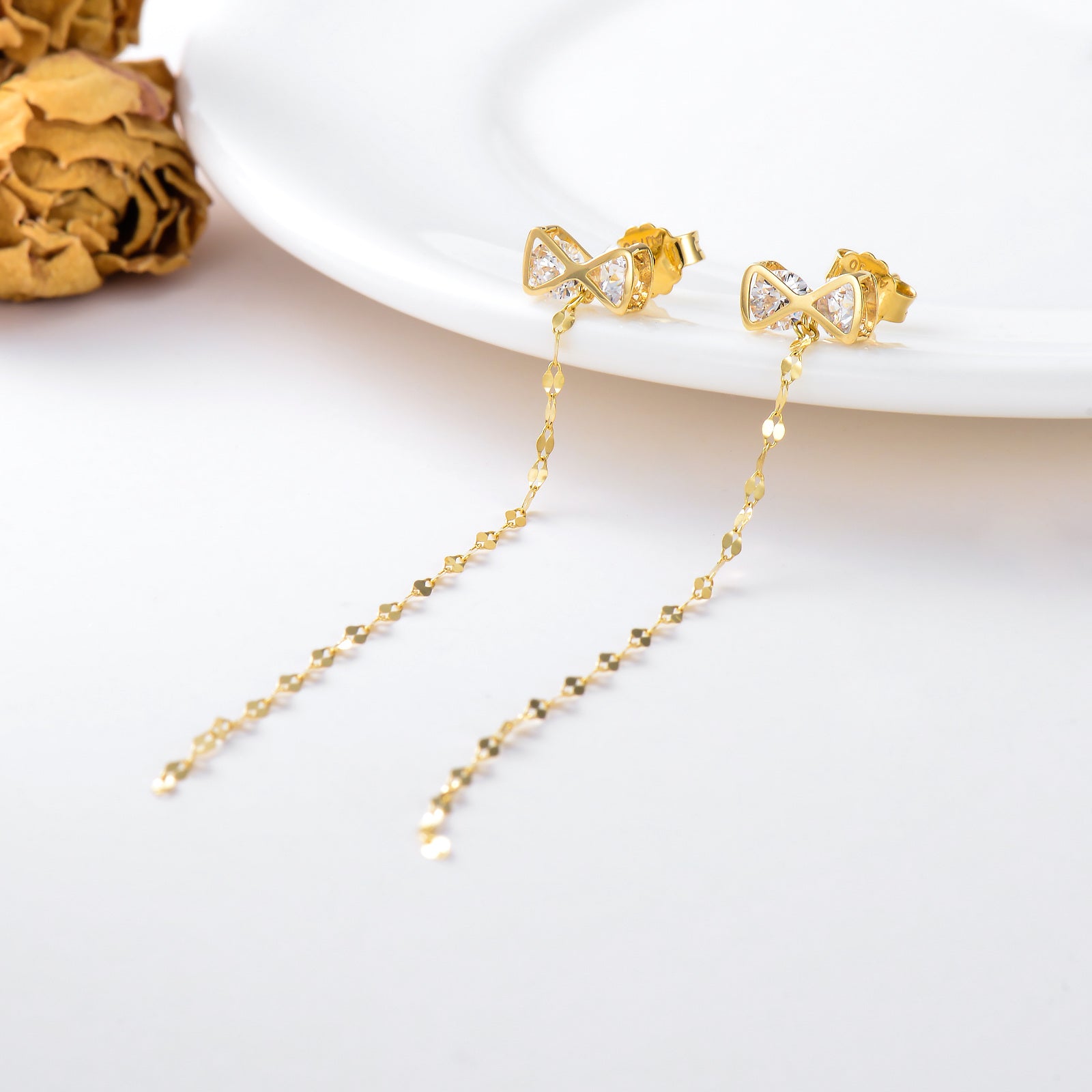 18K Gold Cubic Zirconia Bow Drop Earrings