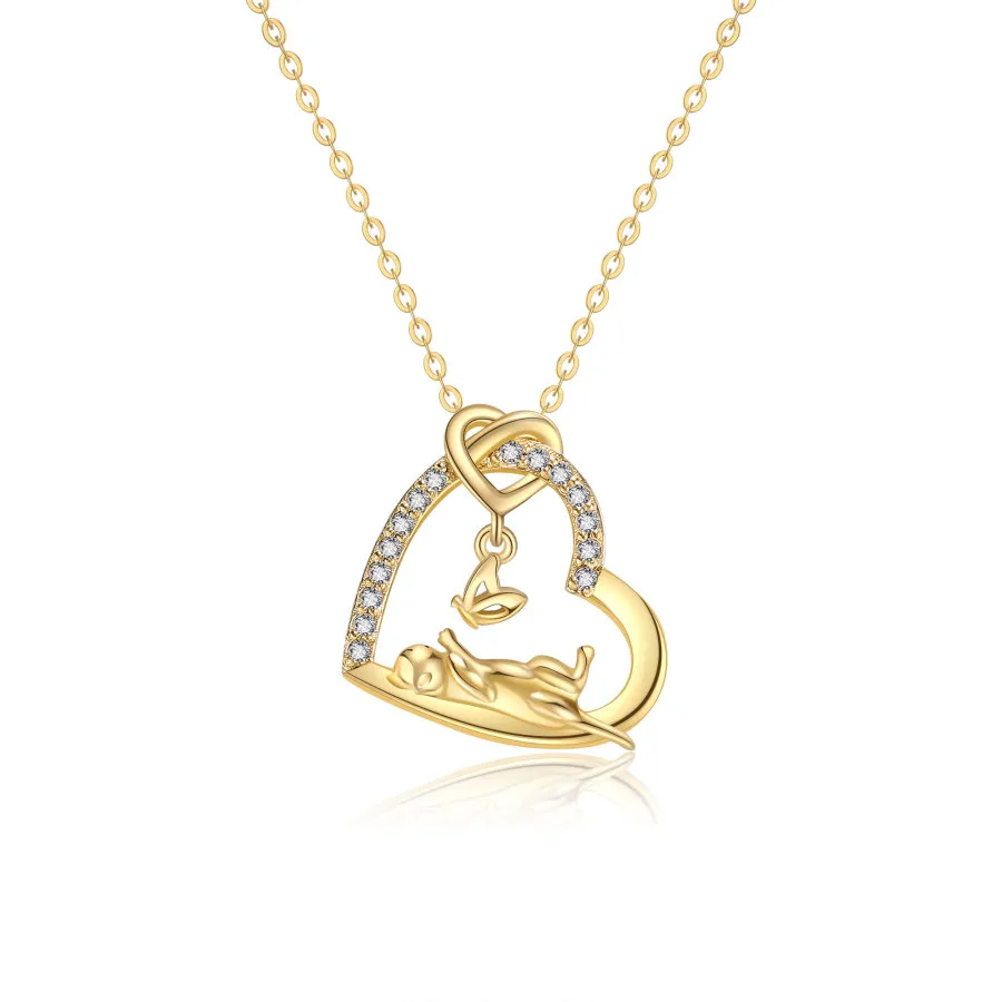 Gold Vermeil Cubic Zirconia Butterfly Cat & Heart Necklace for Women