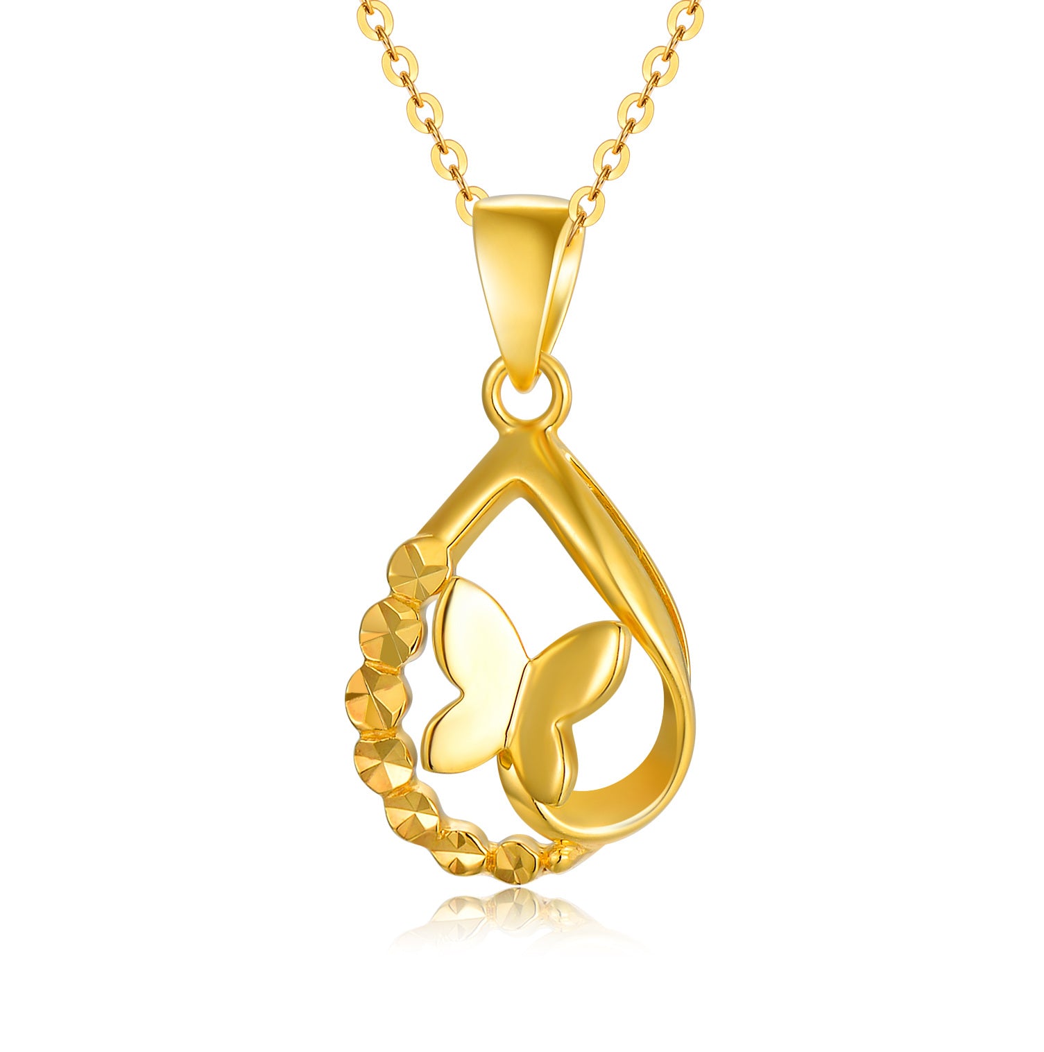 18K Gold Butterfly & Drop Shape Pendant Necklace