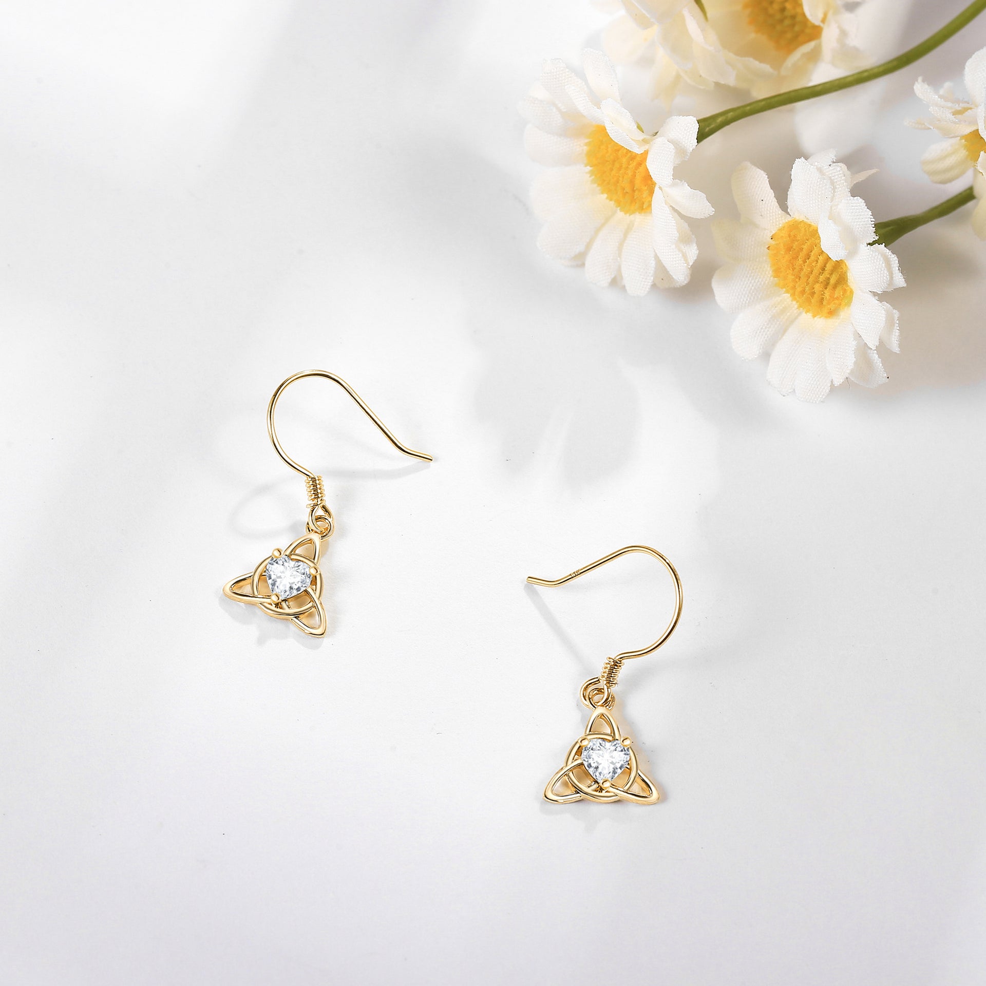 14K Gold Cubic Zirconia Celtic Knot Drop Earrings for Women