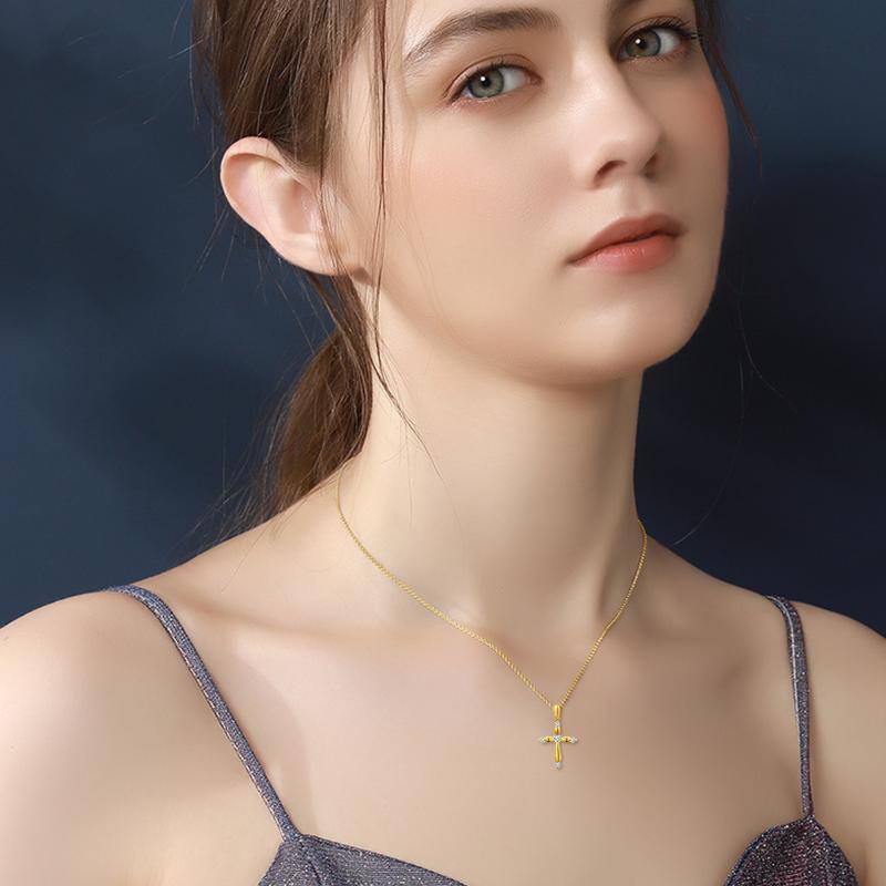 18K Gold Circular Shaped Cubic Zirconia Cross Pendant Necklace