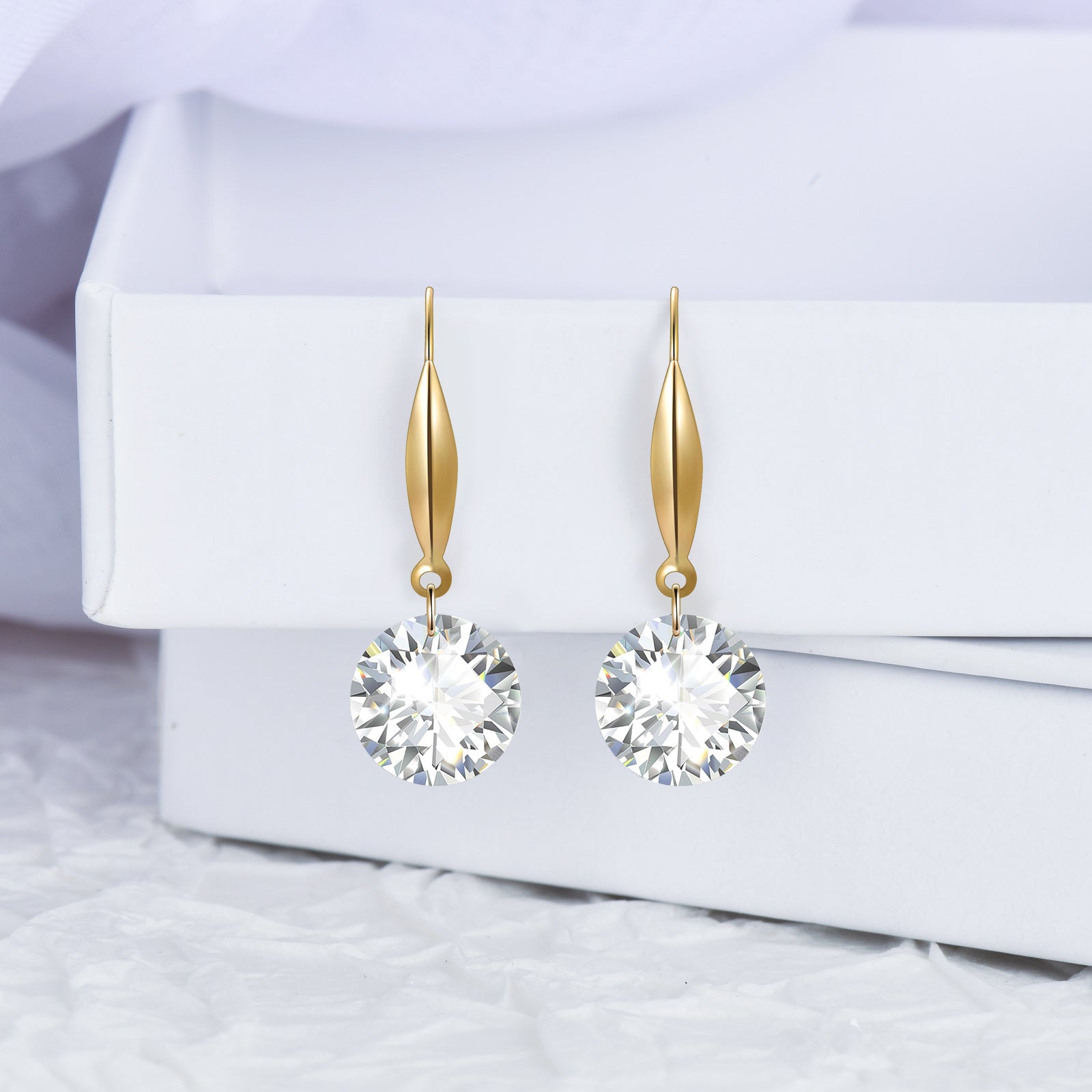 18K Gold Circular Shaped Cubic Zirconia Drop Earrings