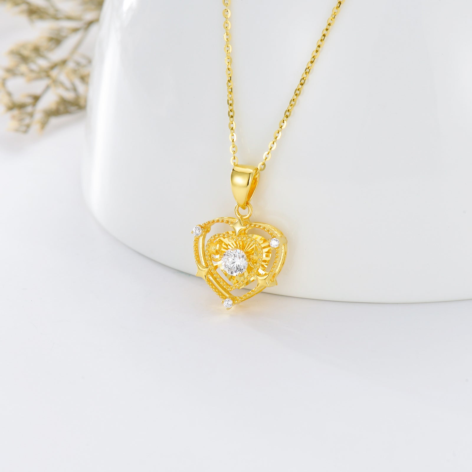 18K Gold Circular Cubic Zirconia Heart With Heart Pendant Necklace For Women